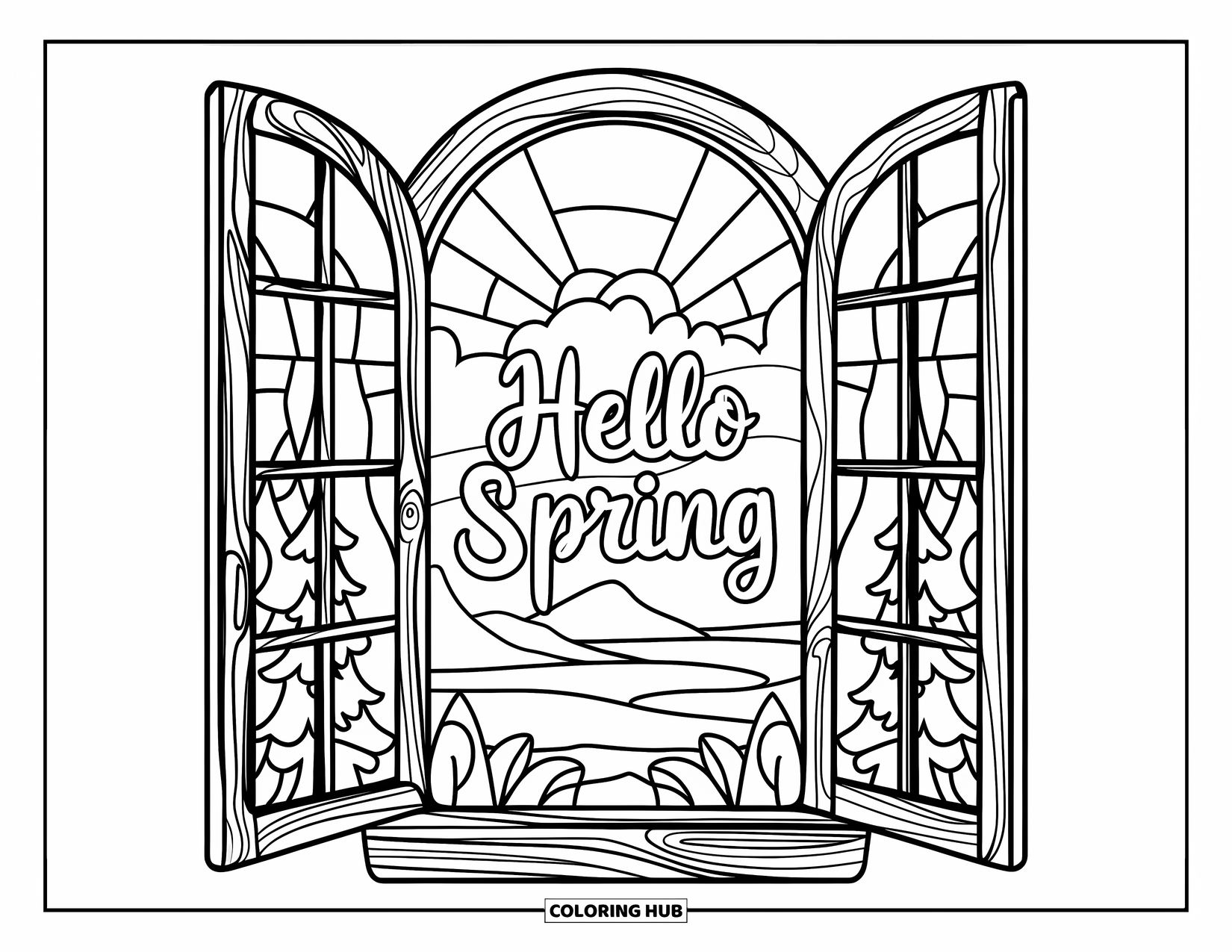 Hello Spring Coloring Page for Adults: A stained-glass window scene with "Hello Spring" and a view of trees and water