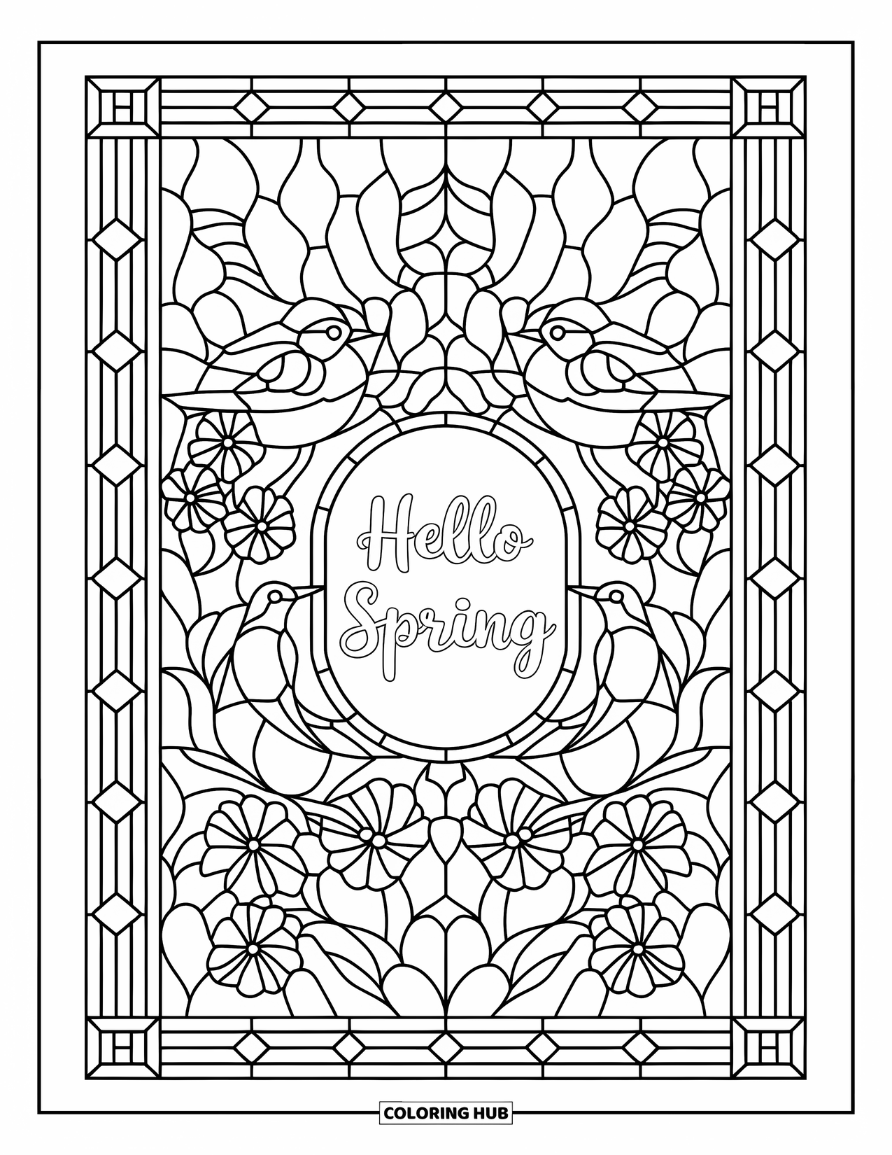 Hello Spring Coloring Page for Adults: A stained-glass window with birds, blossoms, and "Hello Spring" in the center