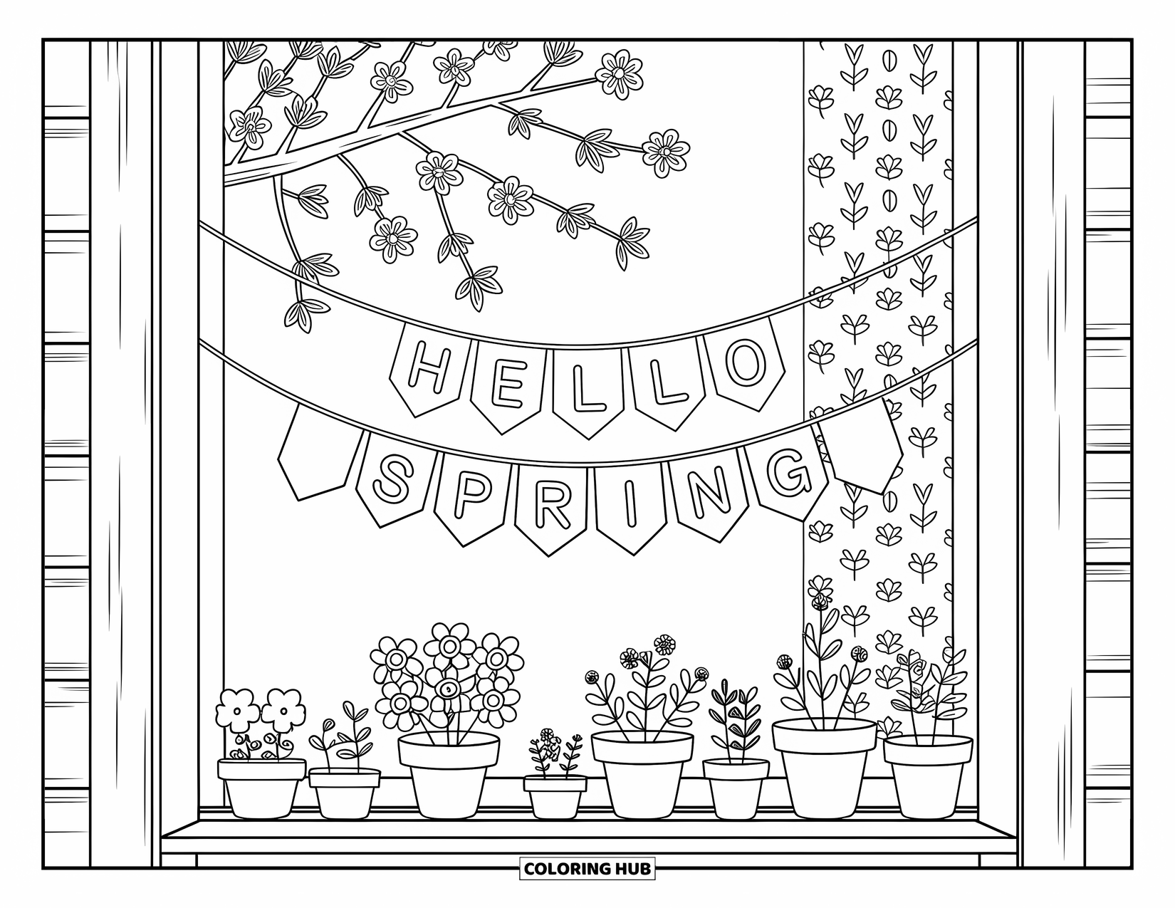 Hello Spring Coloring Page for Adults: A window scene with blossoms and a garland spelling "Hello Spring"