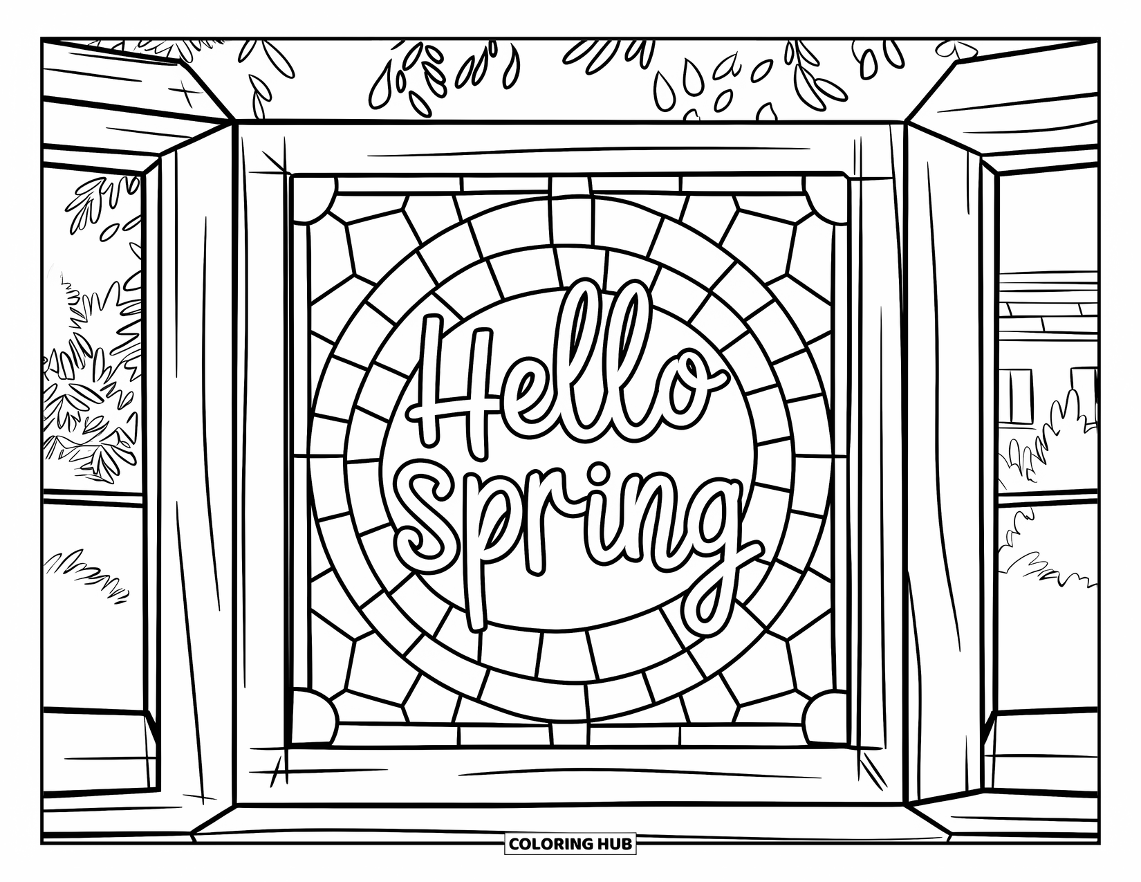 Hello Spring Coloring Page for Adults: A wooden-framed window with stained glass reading "Hello Spring"