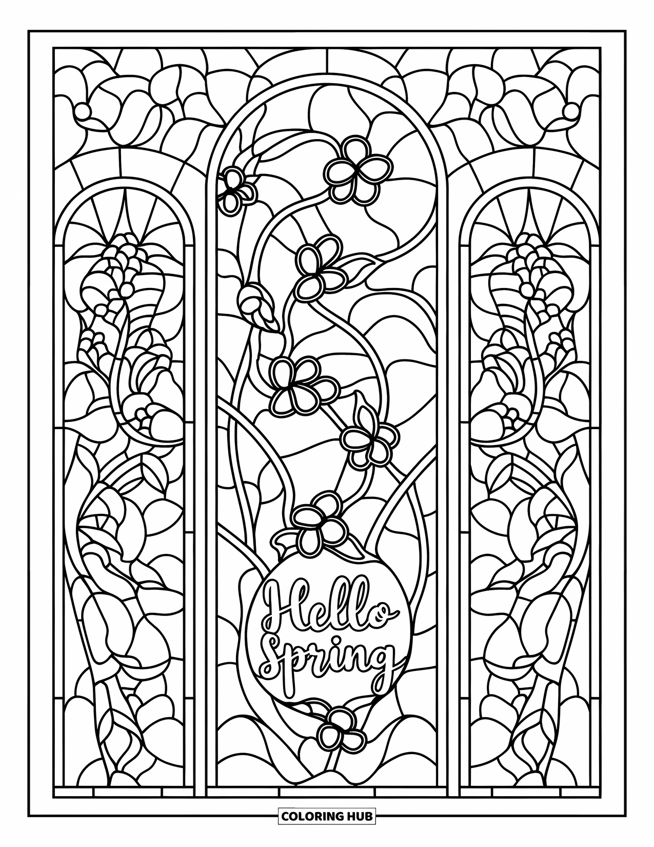 Hello Spring Coloring Page for Adults: An ornate stained-glass panel with blossoms and "Hello Spring"