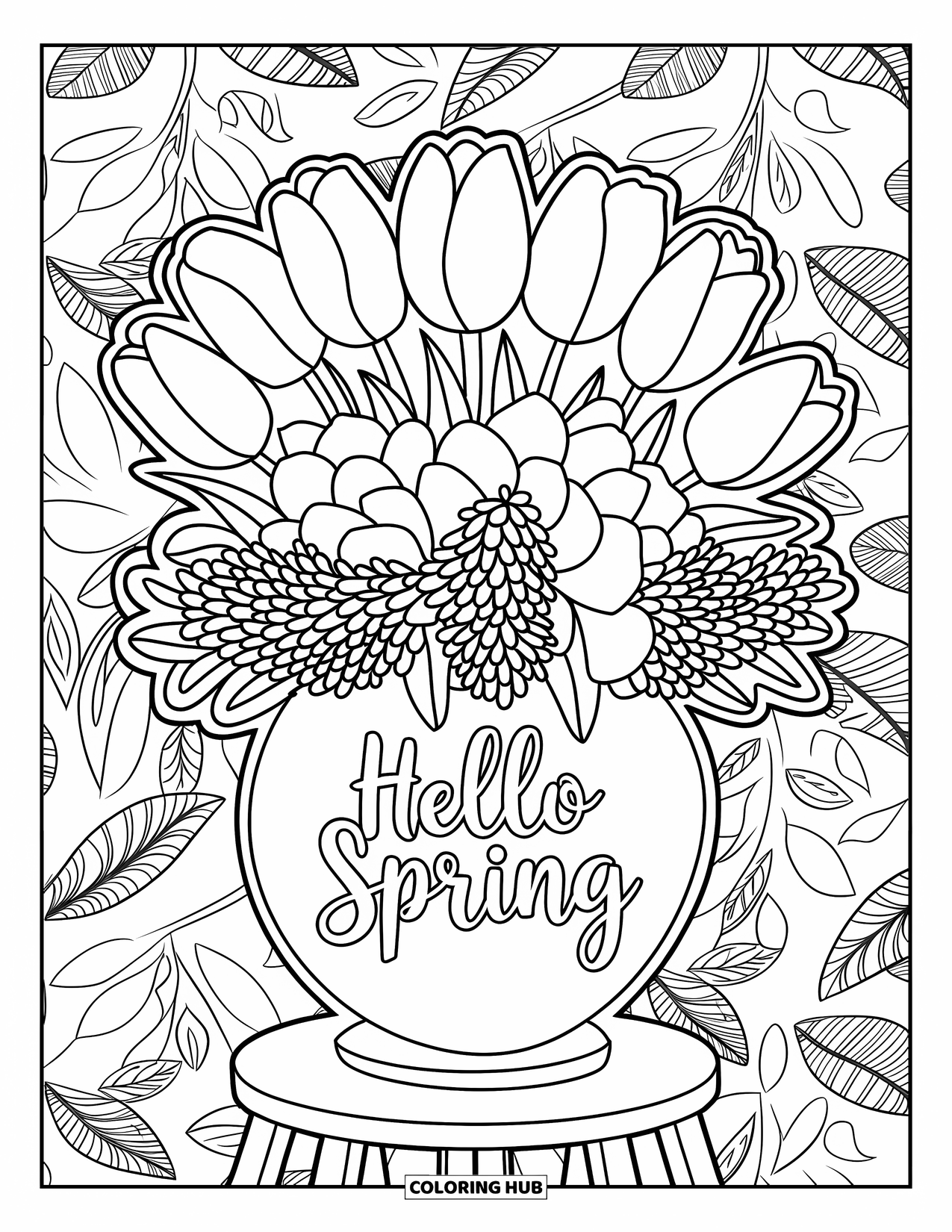 Hello Spring Coloring Page for Adults: Layered flowers in a "Hello Spring" vase with a leaf-patterned background