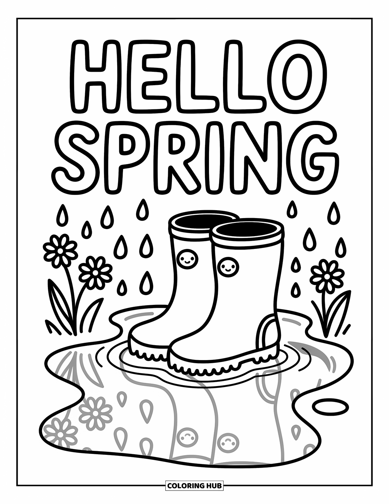 Hello Spring Coloring Page for Adults: Rain boots in rippling water with "Hello Spring" above and reflected below