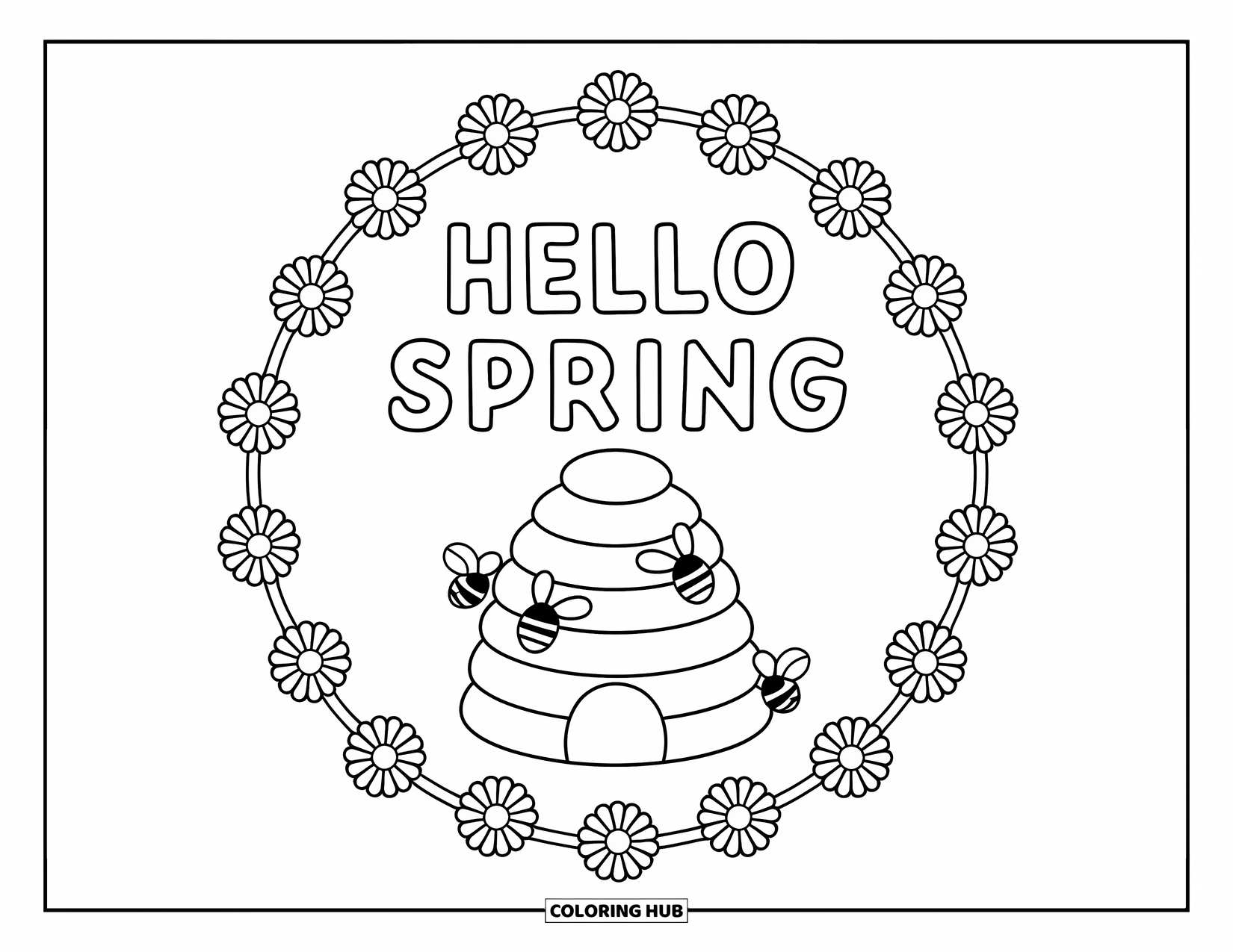 Hello Spring Coloring Page for Kids: A beehive surrounded by flowers spelling "Hello Spring"