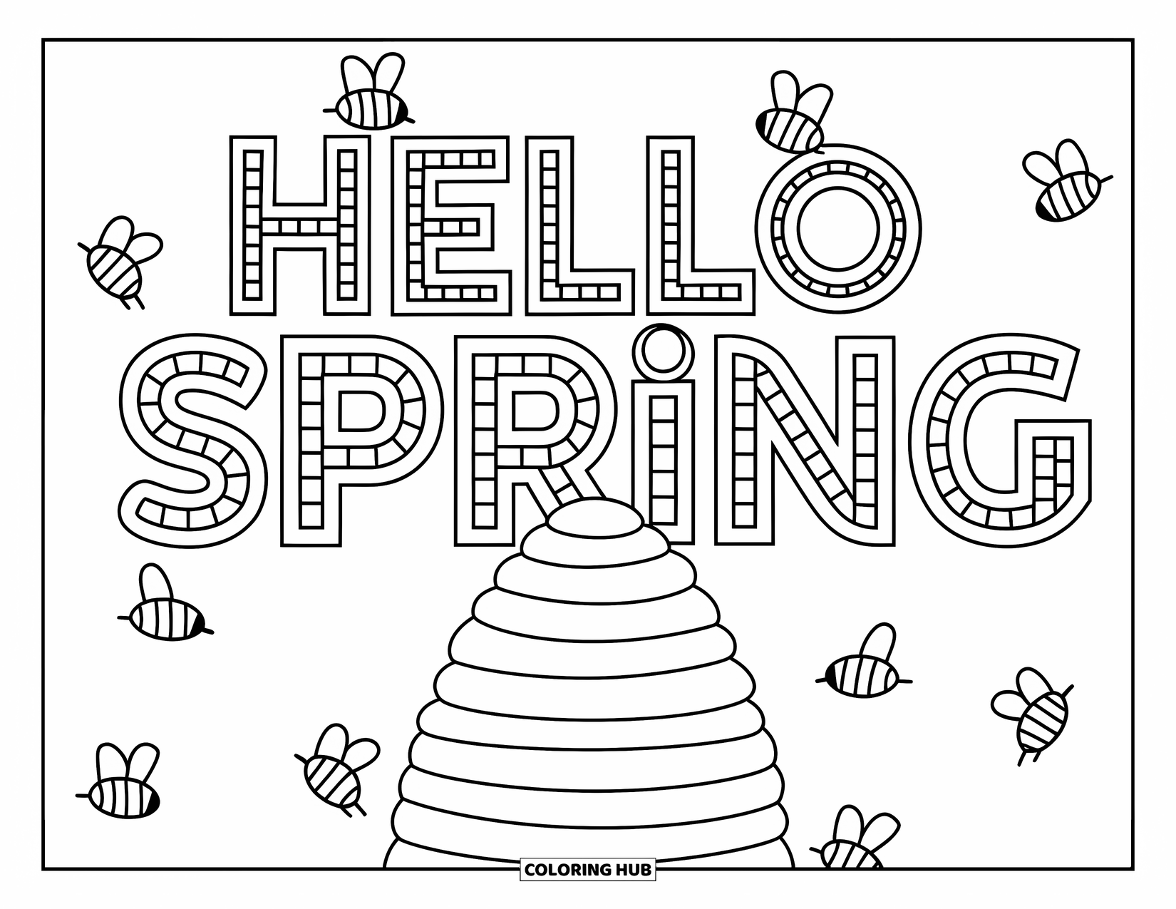 Hello Spring Coloring Page for Kids: A beehive with bees and "Hello Spring" in honeycomb letters
