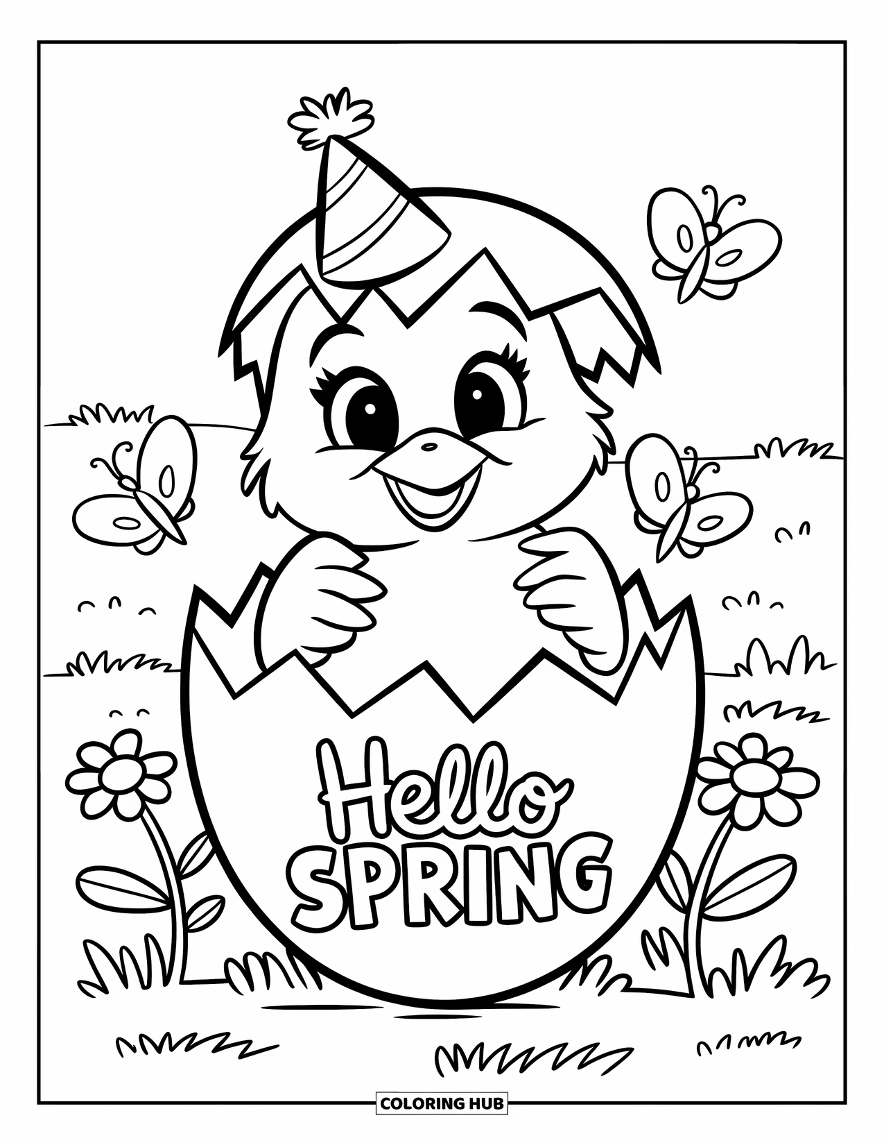 Hello Spring Coloring Page for Kids: A big chick popping from an egg that says "Hello Spring"