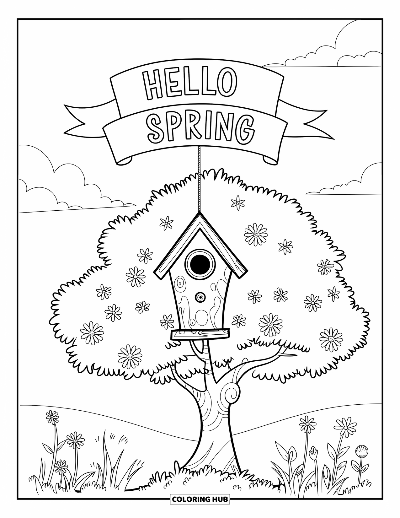 Hello Spring Coloring Page for Kids: A birdhouse in a meadow under a "Hello Spring" banner