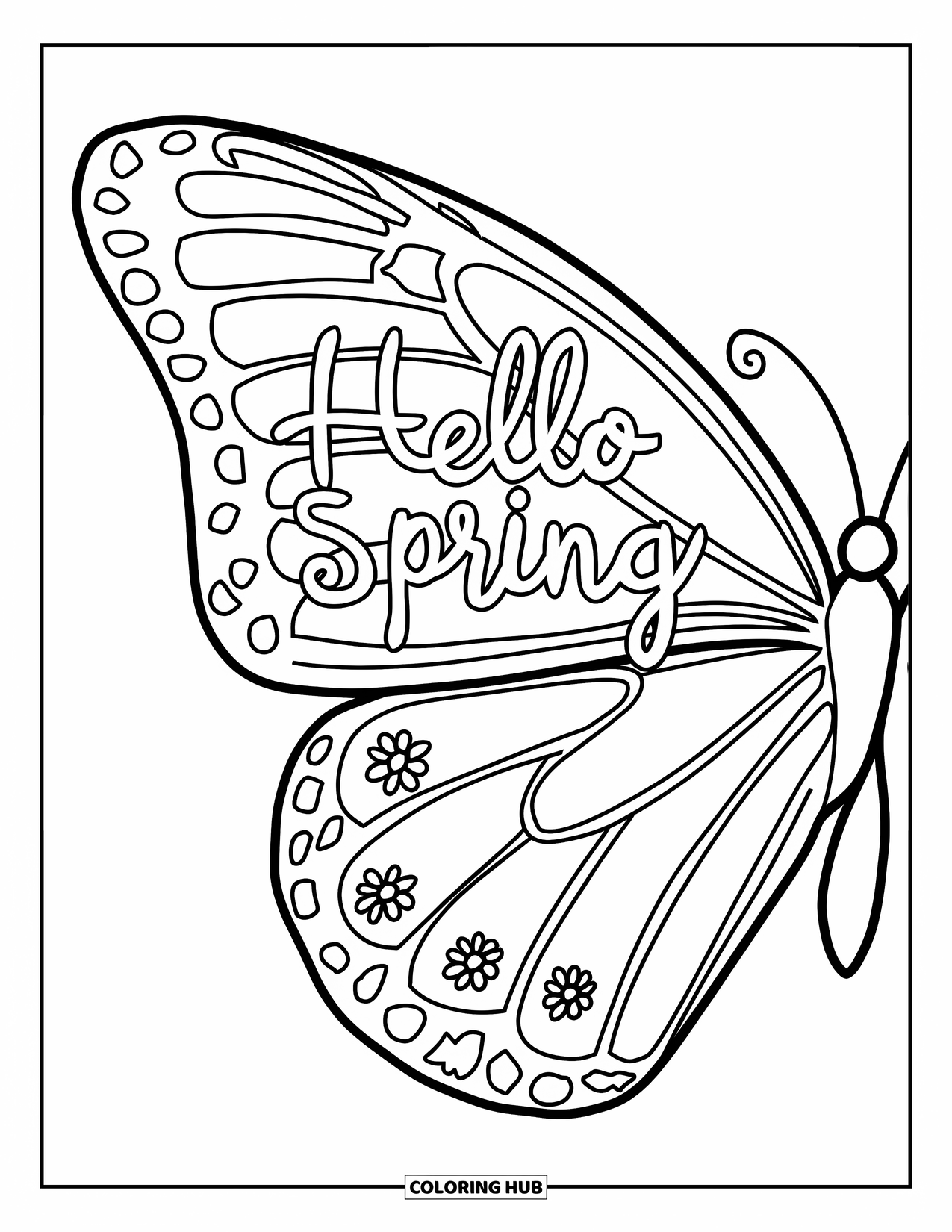 Hello Spring Coloring Page for Kids: A butterfly wing with floral details and the words "Hello Spring"