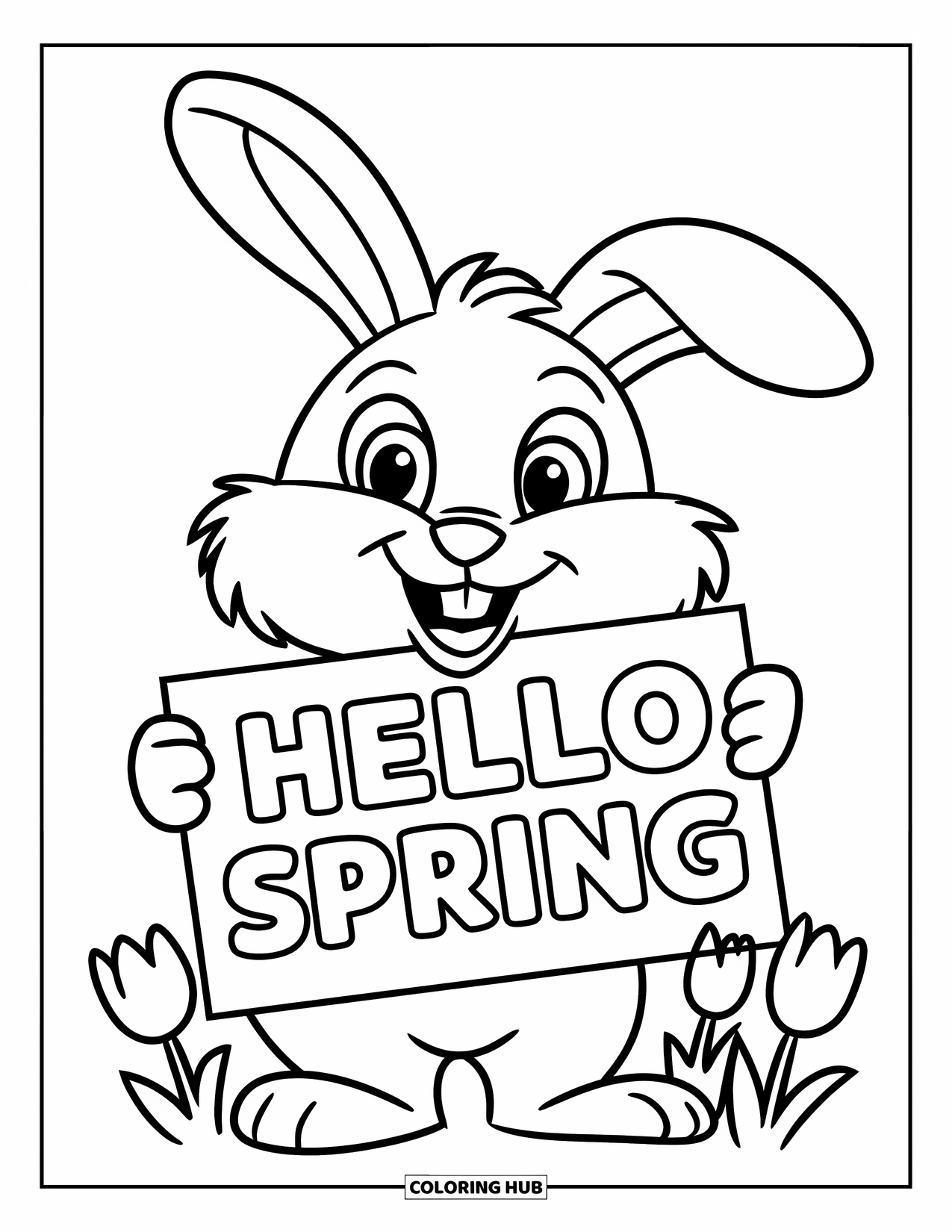 Hello Spring Coloring Page for Kids: A cheerful bunny with tulips and a "Hello Spring" sign