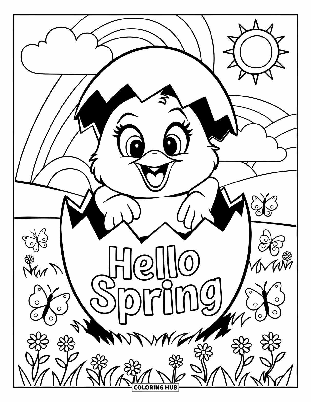 Hello Spring Coloring Page for Kids: A chick emerging from an egg with "Hello Spring" in a meadow