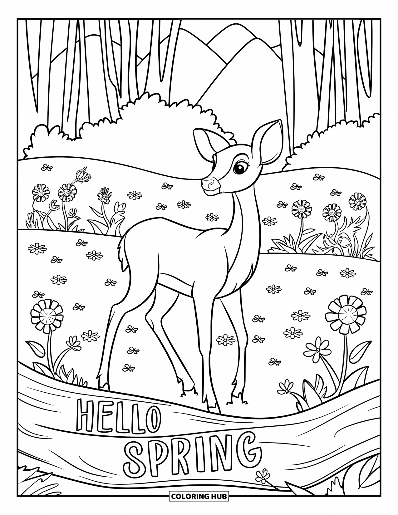 Hello Spring Coloring Page for Kids: A deer in springtime forest with "Hello Spring" on a log