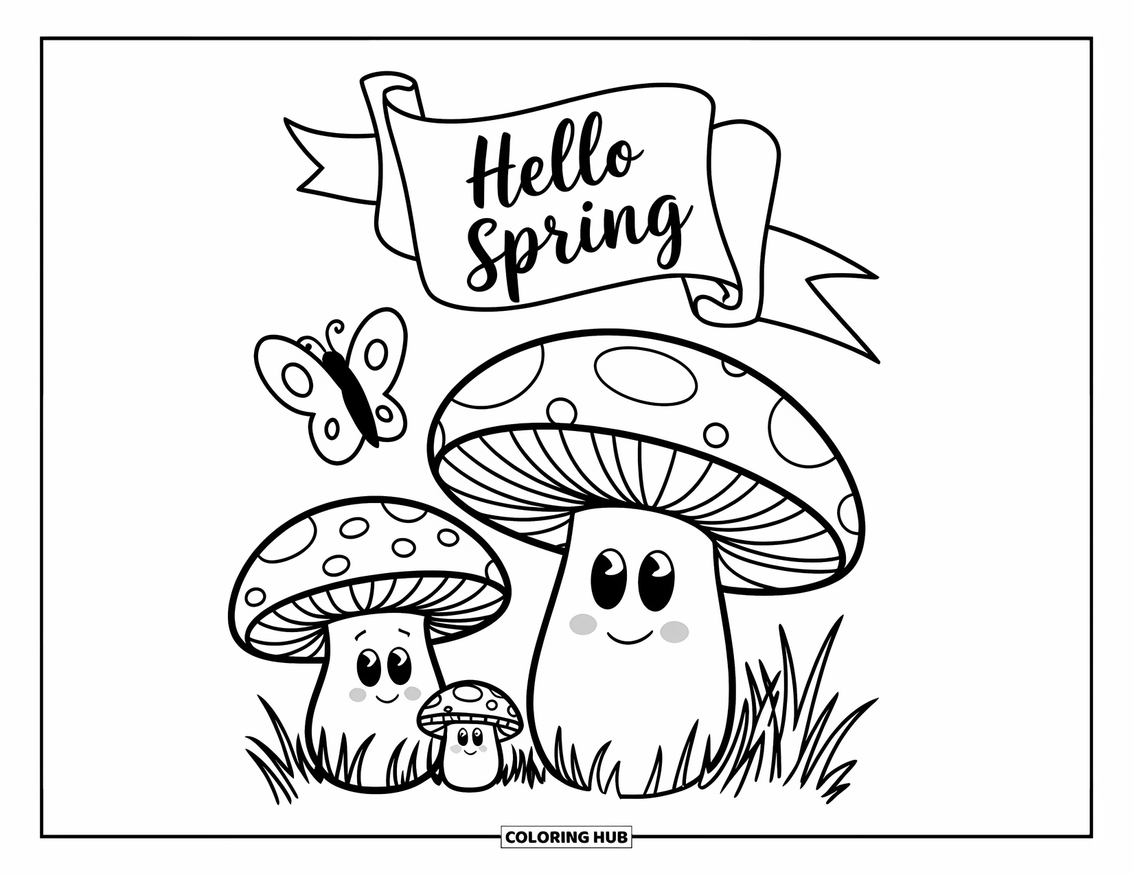 Hello Spring Coloring Page for Kids: A family of mushrooms and a butterfly with "Hello Spring"
