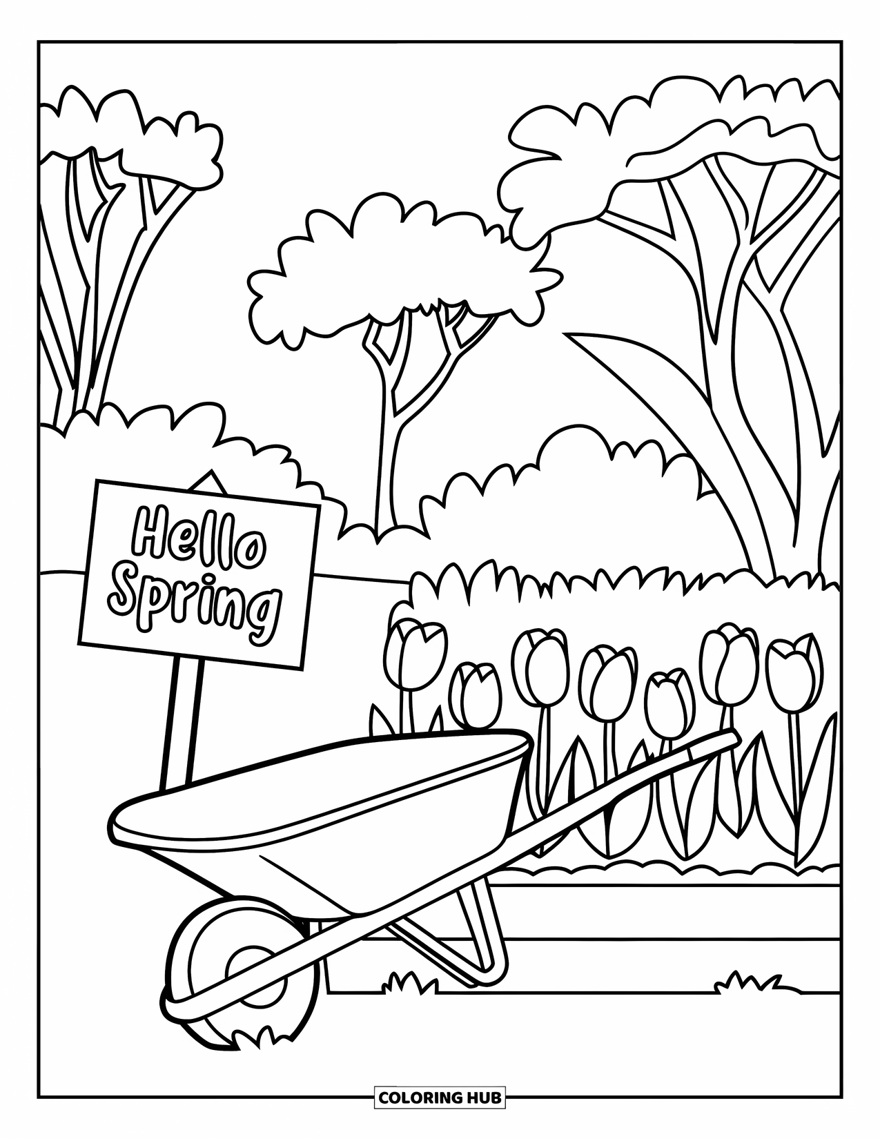 Hello Spring Coloring Page for Kids: A flower bed and wheelbarrow under a "Hello Spring" sign