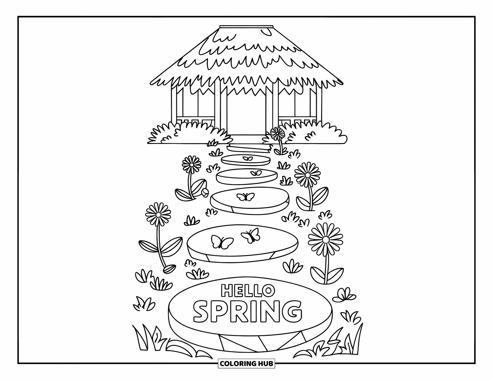 Hello Spring Coloring Page for Kids: A flowering path leading to a gazebo with "Hello Spring" on a stone