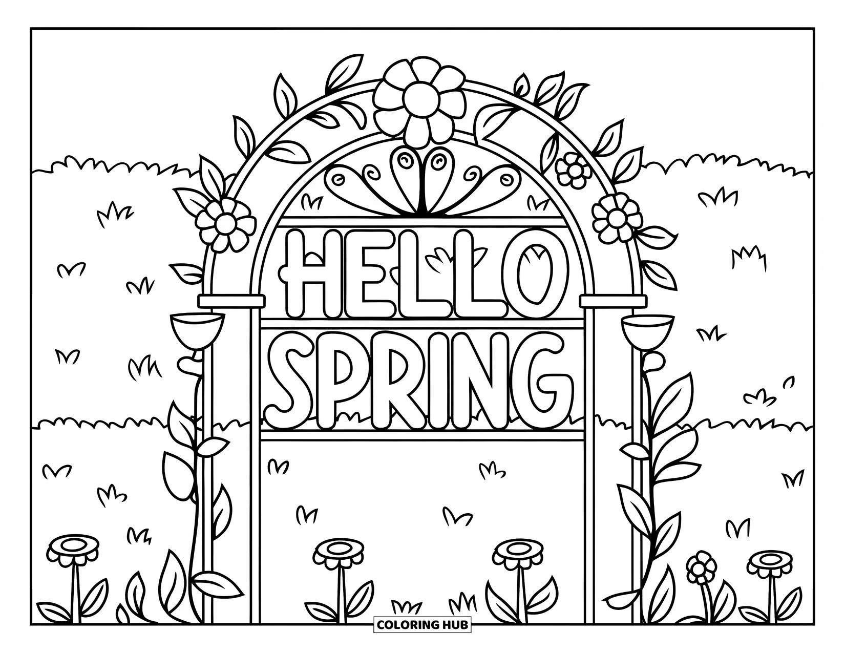 Hello Spring Coloring Page for Kids: A garden arch with "Hello Spring" and blooming flowers all around