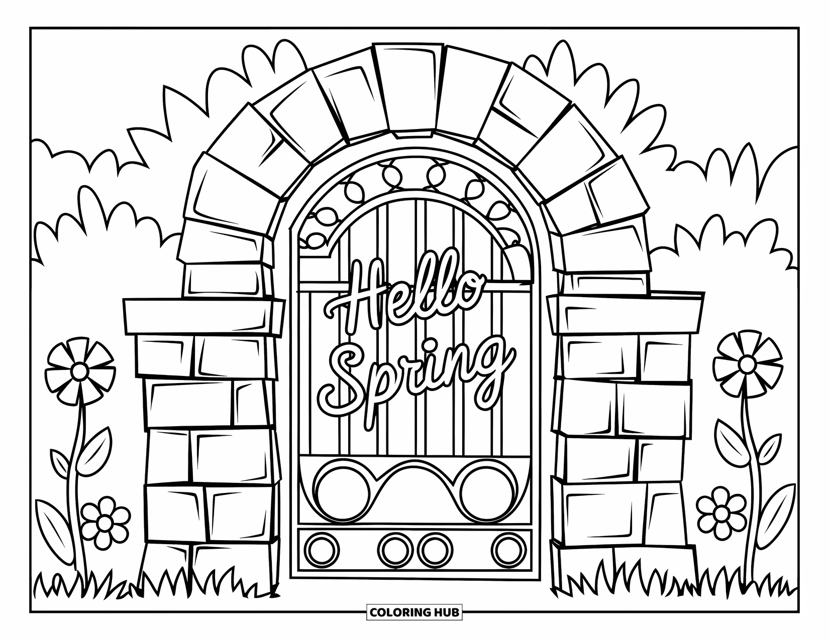 Hello Spring Coloring Page for Kids: A garden archway with "Hello Spring" written in the wrought iron