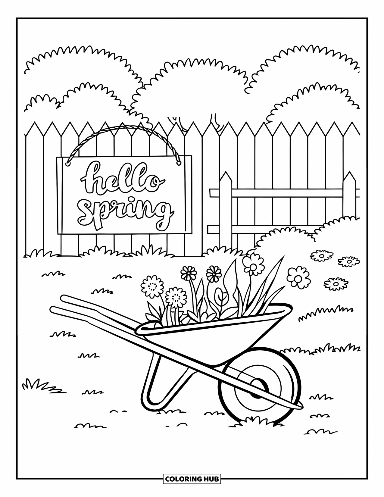 Hello Spring Coloring Page for Kids: A garden with tools, flowers, and a "Hello Spring" sign