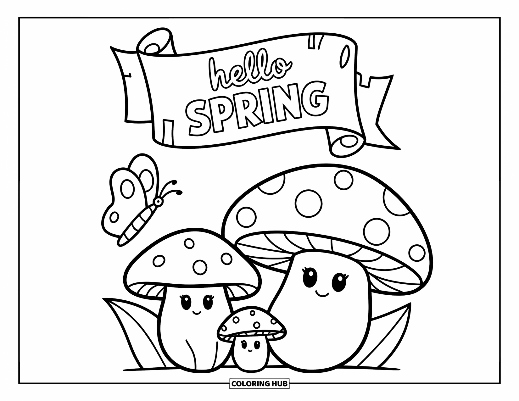 Hello Spring Coloring Page for Kids: A mushroom family under a scroll reading "Hello Spring"