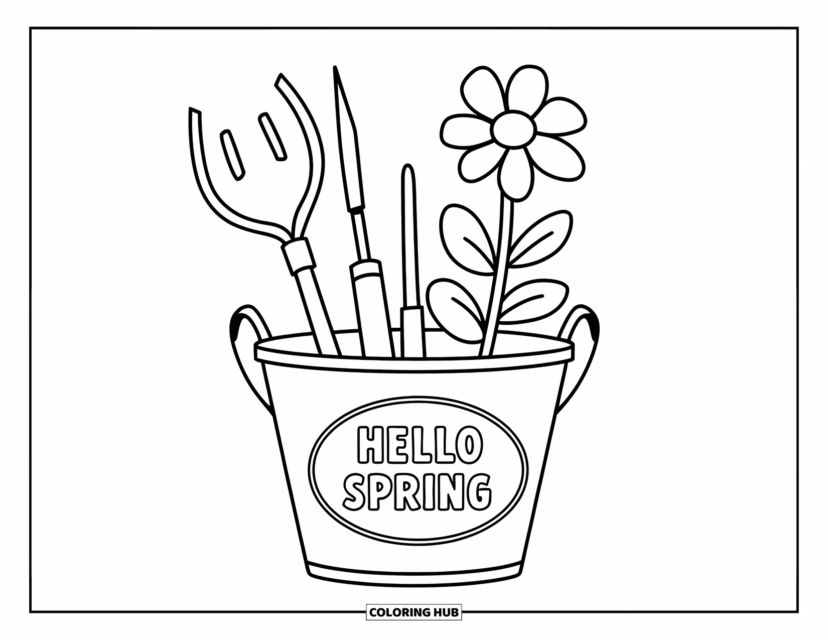 Hello Spring Coloring Page for Kids: A pail of gardening tools with "Hello Spring" written on it