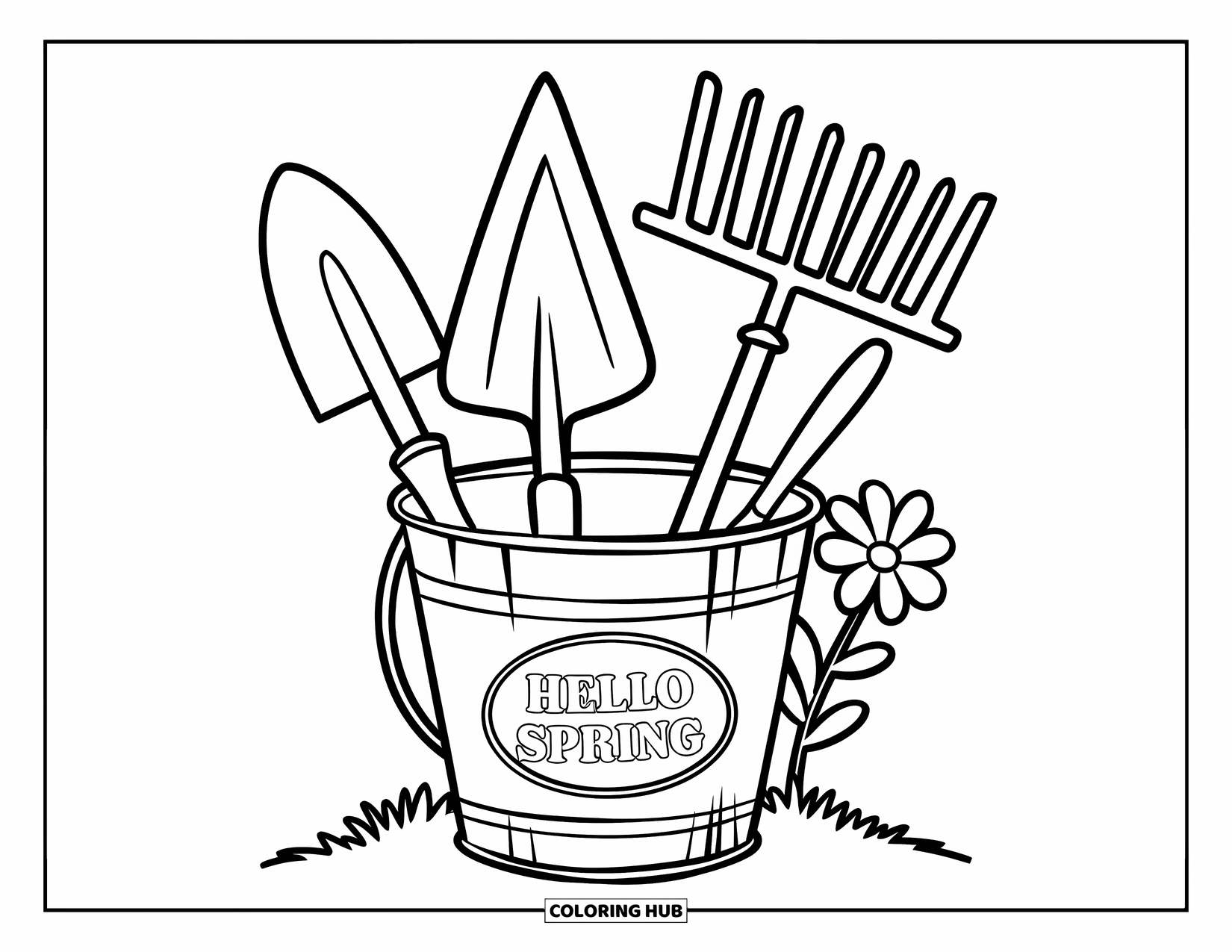 Hello Spring Coloring Page for Kids: A pail of tools and flower with "Hello Spring" stamped on it