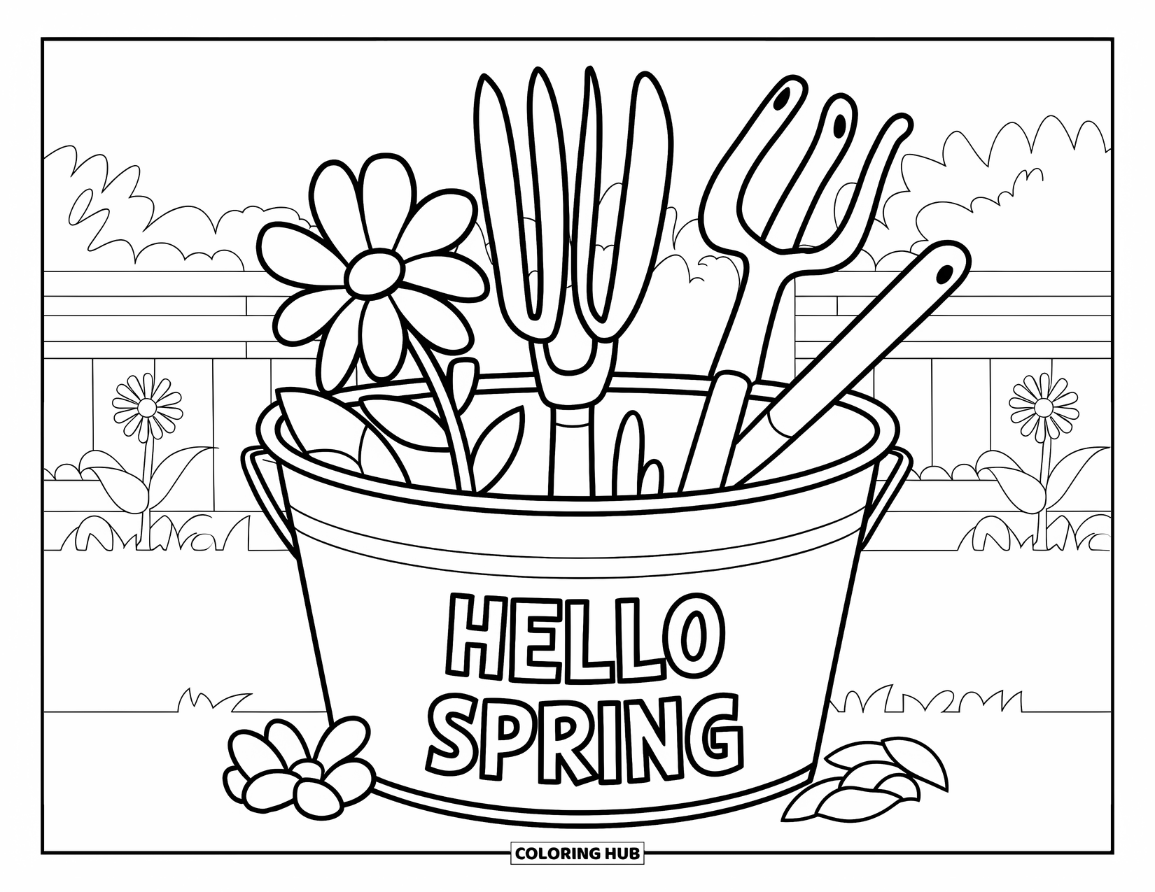 Hello Spring Coloring Page for Kids: A pail of tools in a garden marked "Hello Spring"