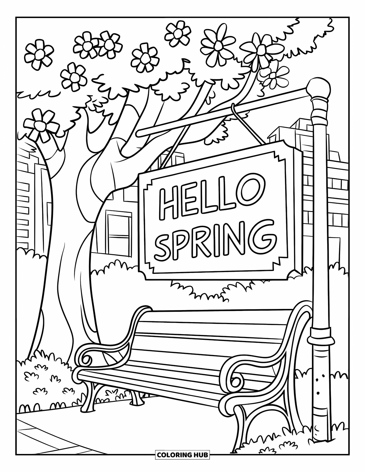 Hello Spring Coloring Page for Kids: A park bench under blossoms with a "Hello Spring" sign nearby