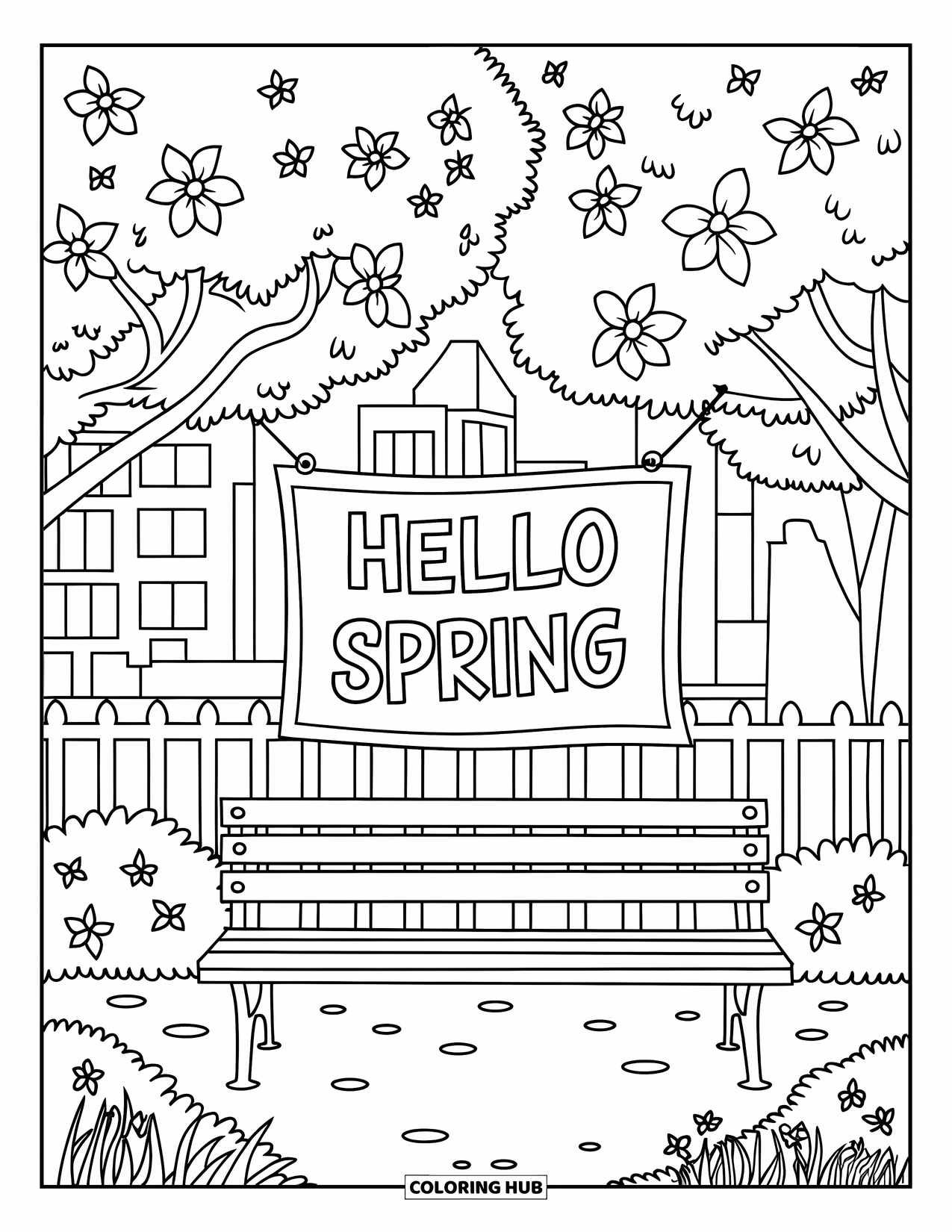 Hello Spring Coloring Page for Kids: A park bench under trees with flowers and "Hello Spring"