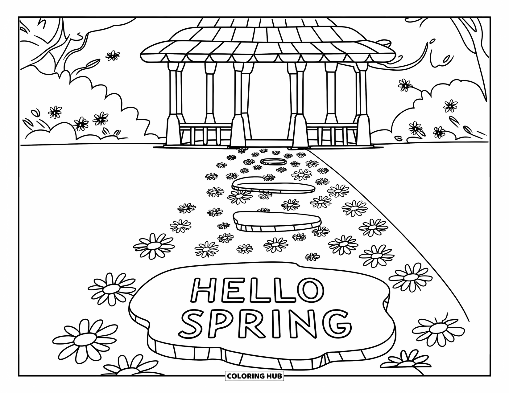 Hello Spring Coloring Page for Kids: A path of flowers leading to a gazebo with "Hello Spring" engraved in front