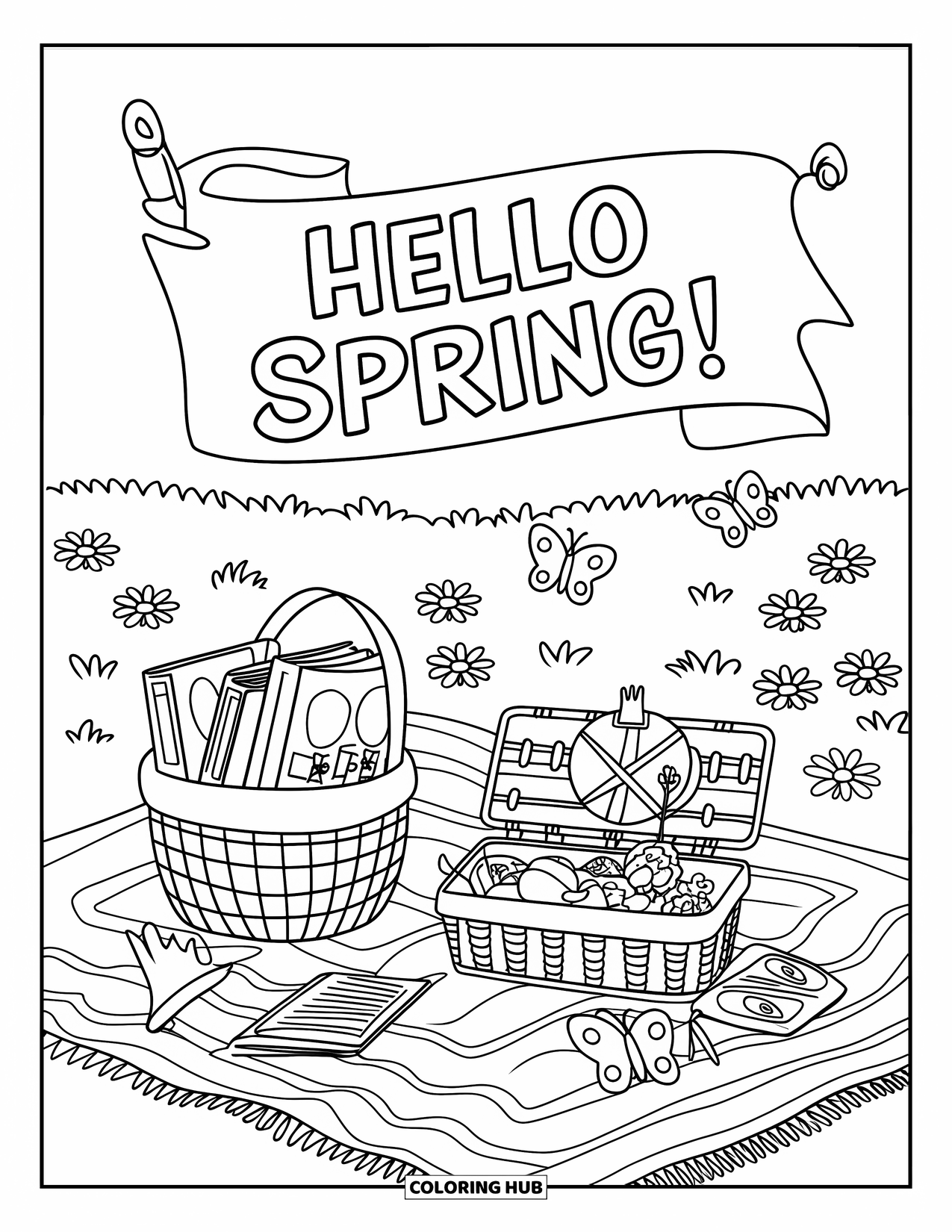 Hello Spring Coloring Page for Kids: A picnic blanket with treats under a "Hello Spring" banner