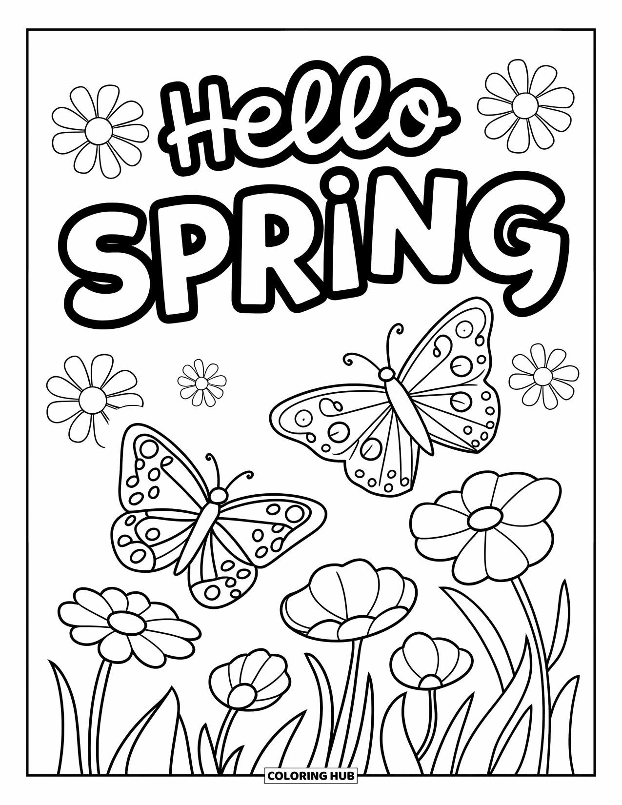 Hello Spring Coloring Page for Kids: A playful spring scene with butterflies and "Hello Spring"