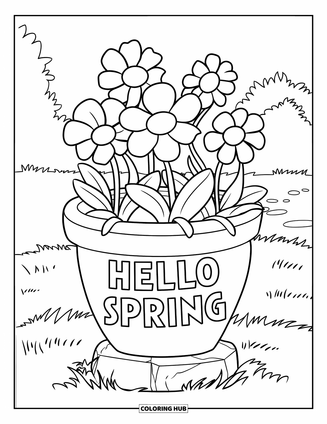 Hello Spring Coloring Page for Kids: A pot of spring flowers marked "Hello Spring" on grass