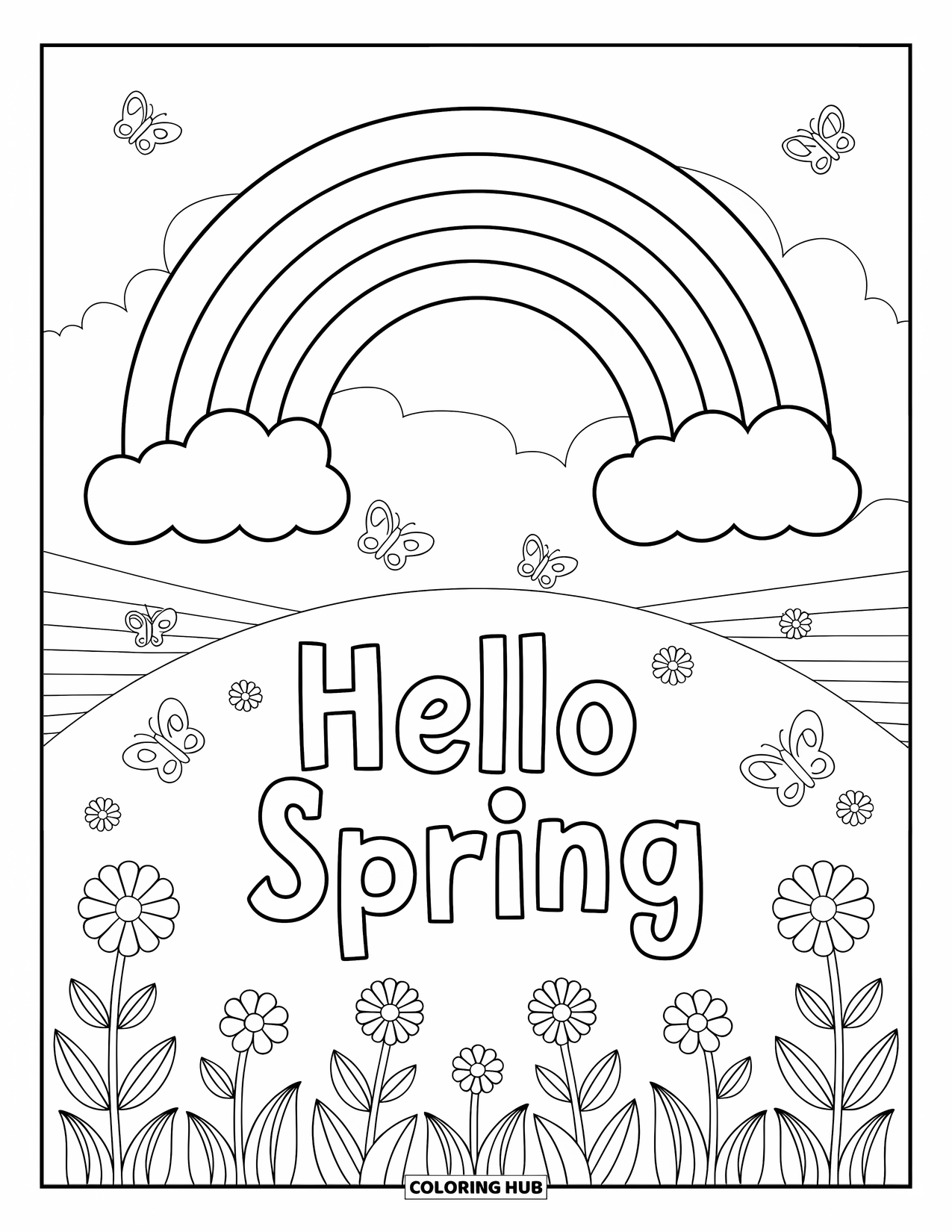 Hello Spring Coloring Page for Kids: A rainbow hill scene with flowers and "Hello Spring"