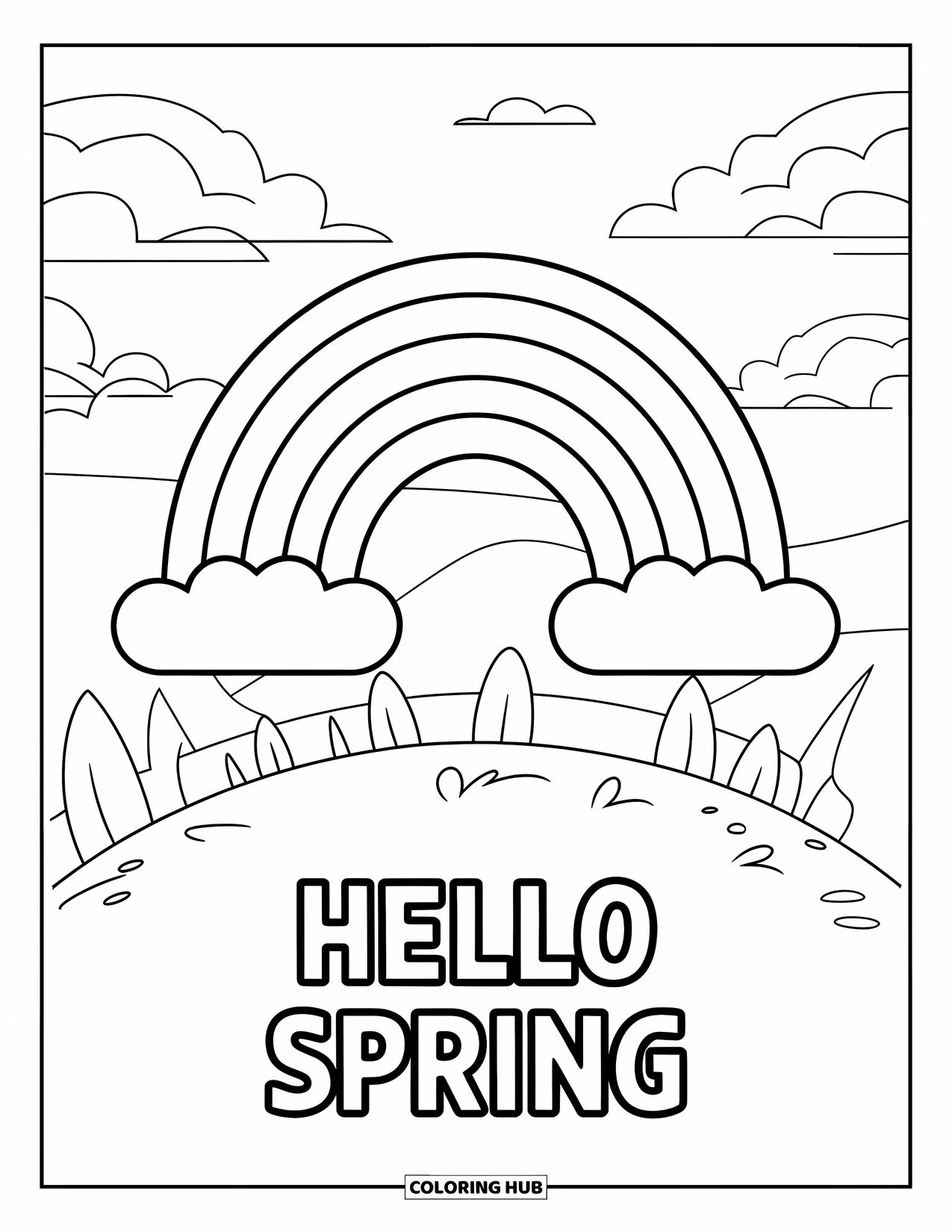 Hello Spring Coloring Page for Kids: A rainbow over trees with "Hello Spring" at the base