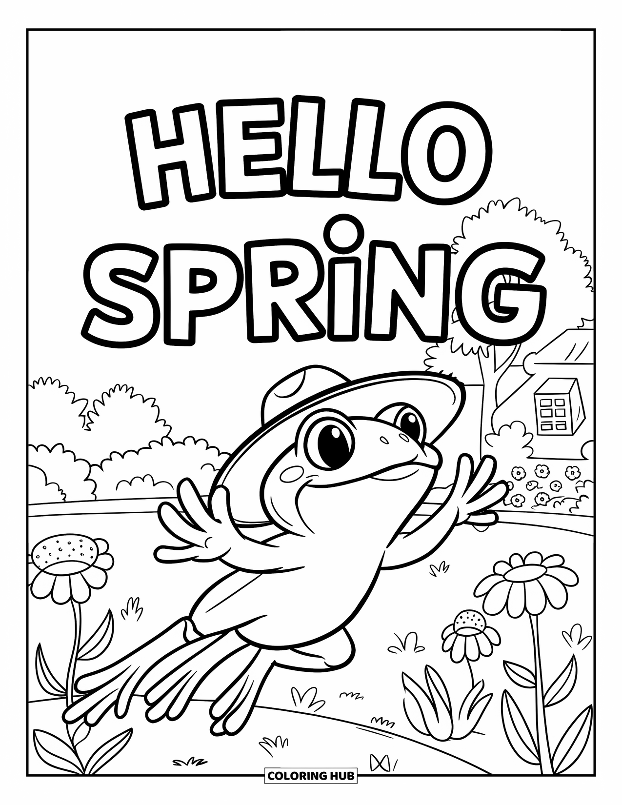 Hello Spring Coloring Page for Kids: A smiling frog leaping in a garden with "Hello Spring"