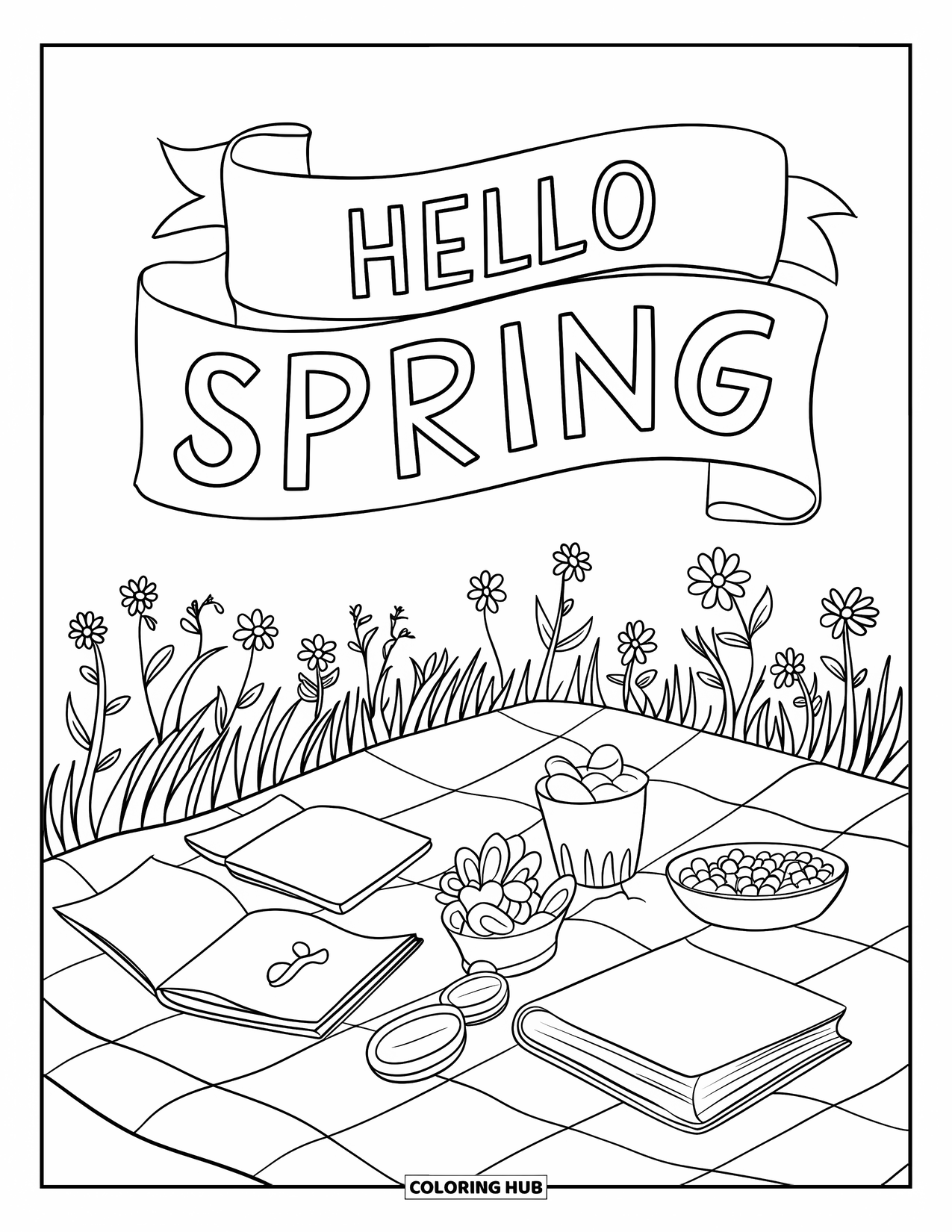 Hello Spring Coloring Page for Kids: A spring picnic with books, snacks, and a banner reading "Hello Spring"