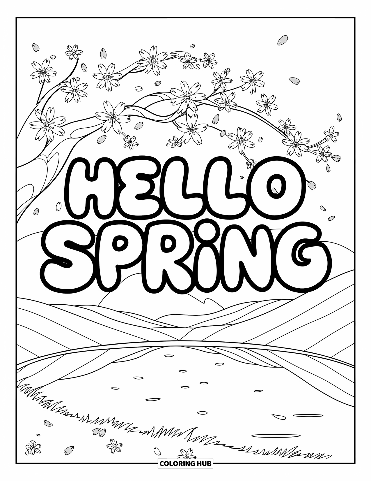 Hello Spring Coloring Page for Kids: A tree in bloom over "Hello Spring" by a calm lake