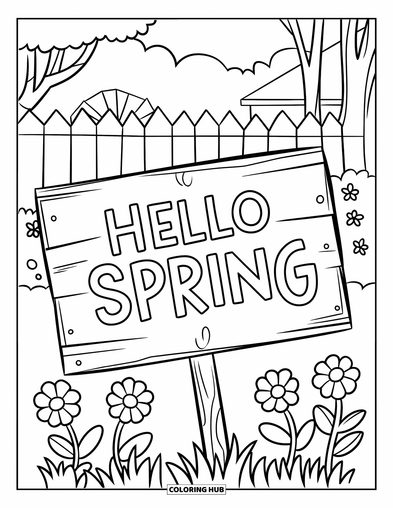Hello Spring Coloring Page for Kids: A wooden garden sign surrounded by flowers reading "Hello Spring"