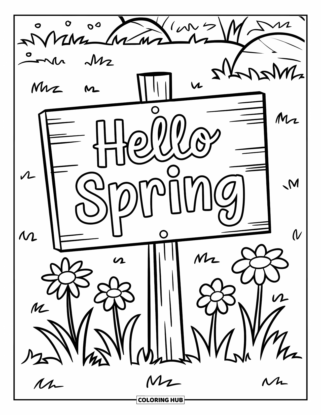 Hello Spring Coloring Page for Kids: A wooden sign in a garden with "Hello Spring" engraved