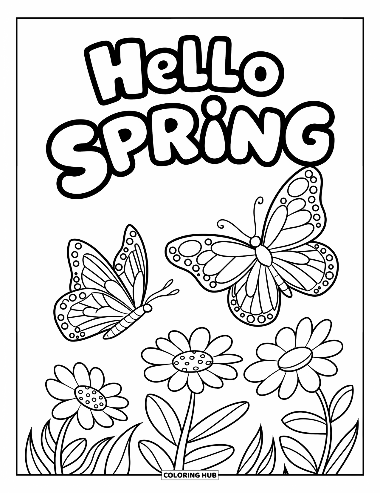 Hello Spring Coloring Page for Kids: Butterflies above blossoms with curved "Hello Spring"