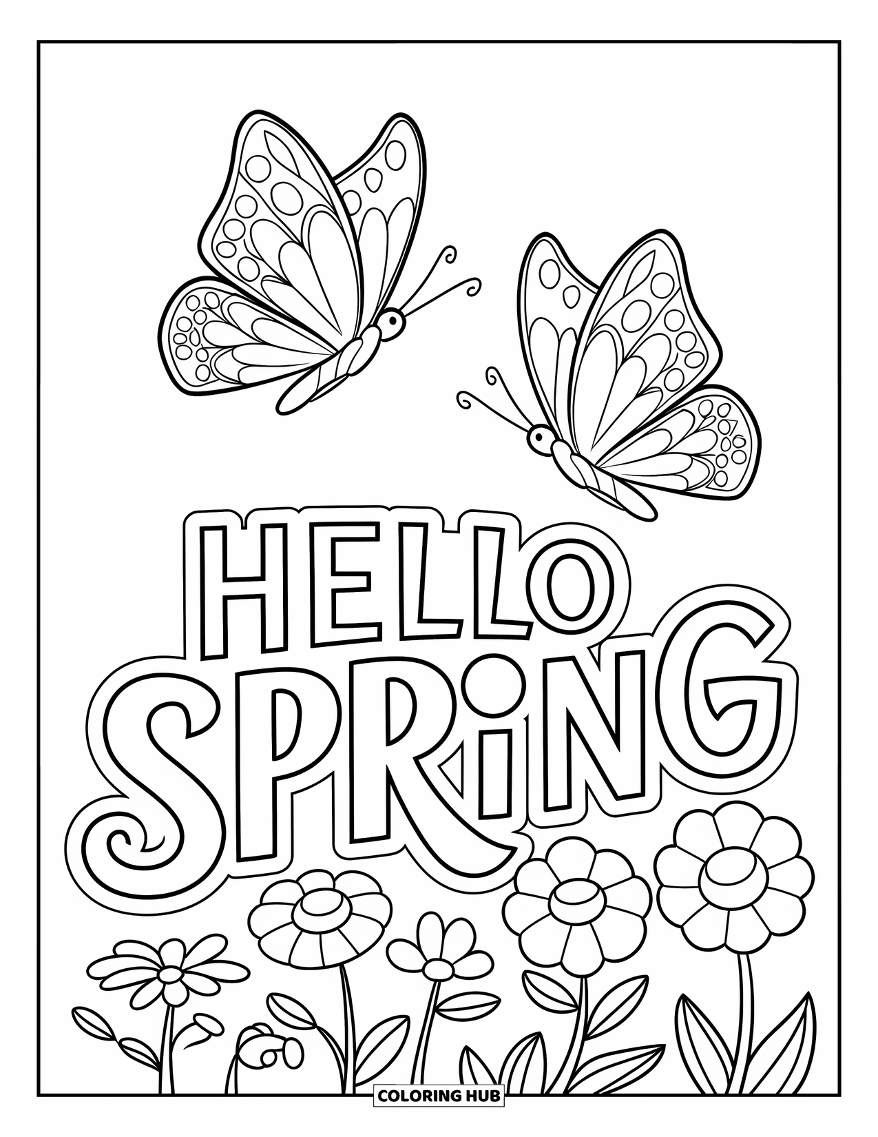 Hello Spring Coloring Page for Kids: Butterflies and flowers under bold "Hello Spring" letters