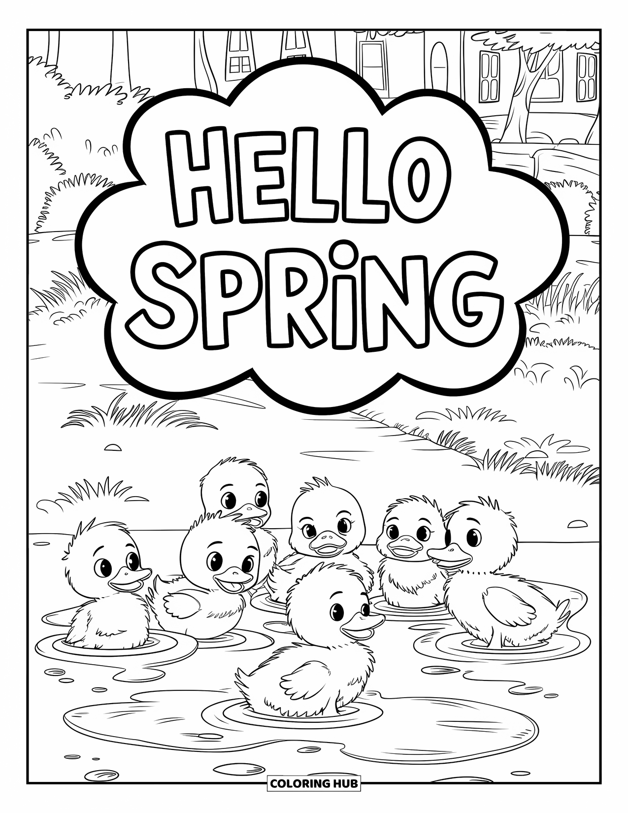 Hello Spring Coloring Page for Kids: Ducklings playing under cloud-shaped "Hello Spring" text
