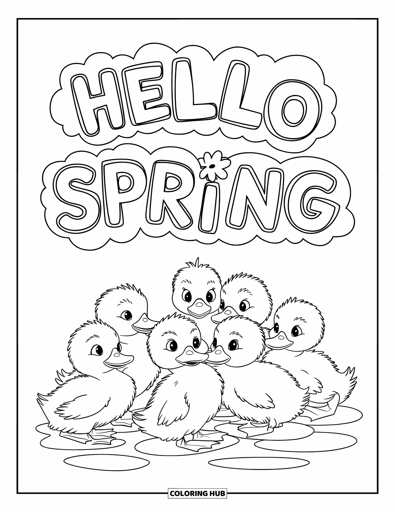 Hello Spring Coloring Page for Kids: Ducklings splashing in puddles with "Hello Spring" in clouds