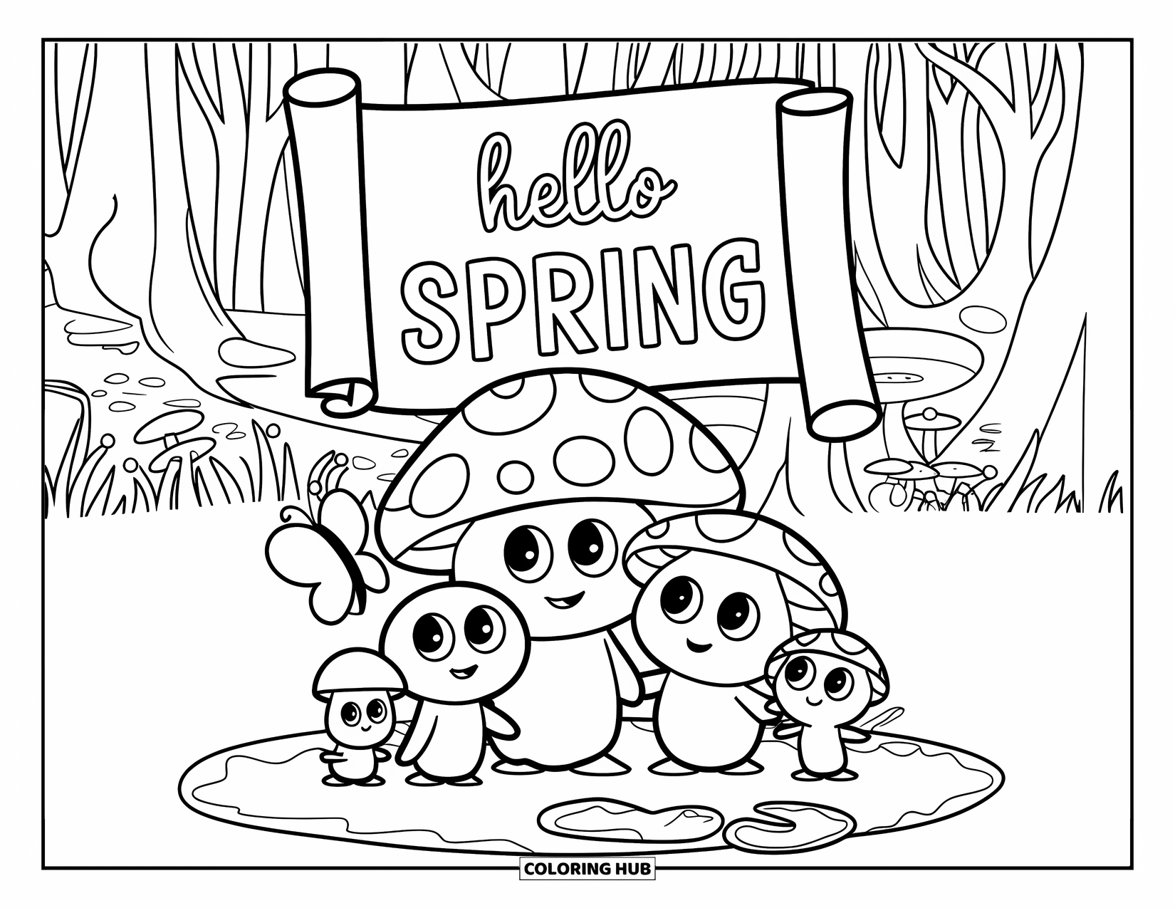 Hello Spring Coloring Page for Kids: Mushrooms and butterfly beneath a "Hello Spring" scroll