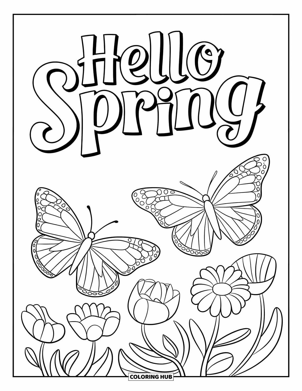 Hello Spring Coloring Page for Kids: Two butterflies over flowers with curved "Hello Spring"