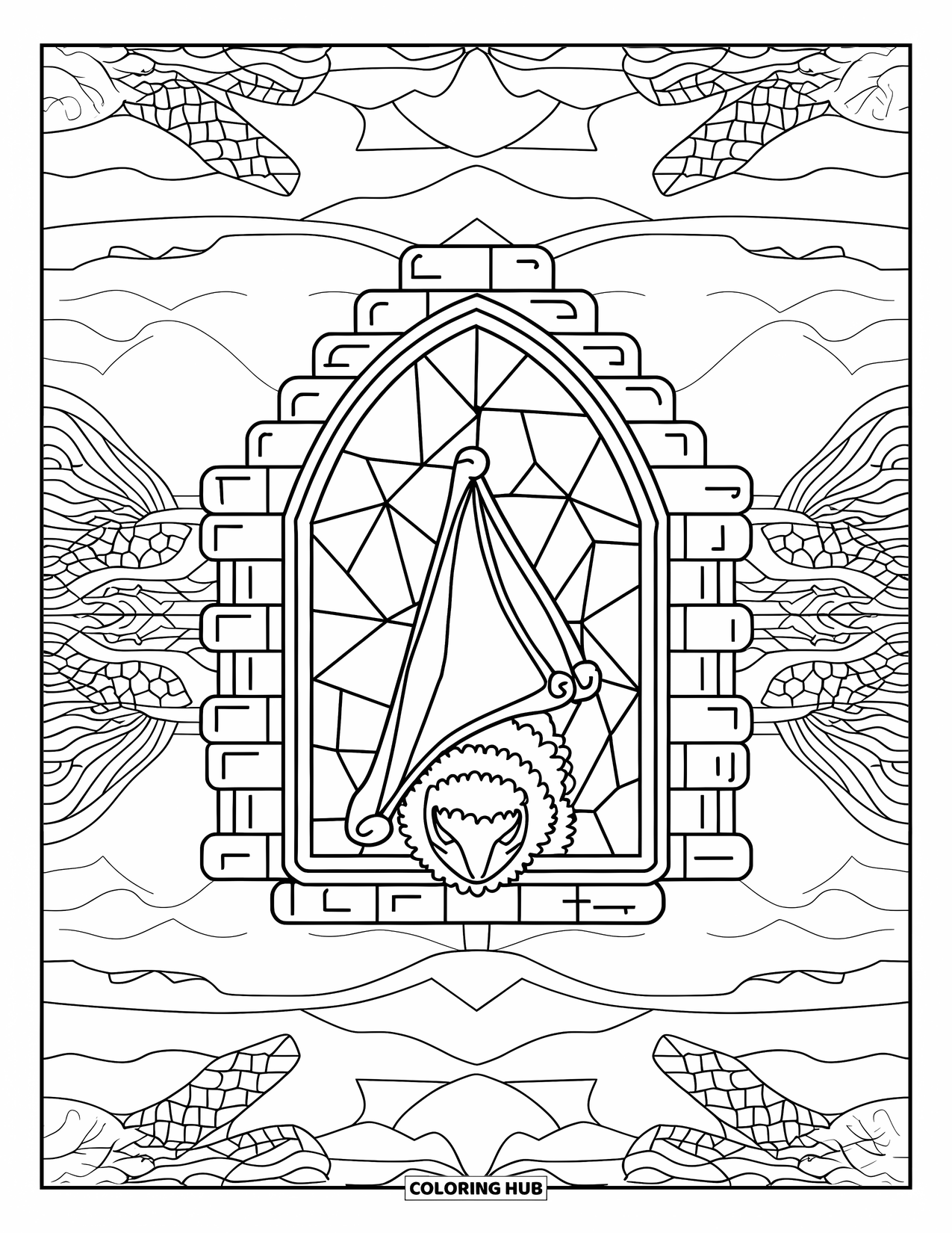 Hibernating Animals Coloring Page for Adults: A bat hibernates in a symmetrical cave with glass windows, trees, and rolling hills nearby