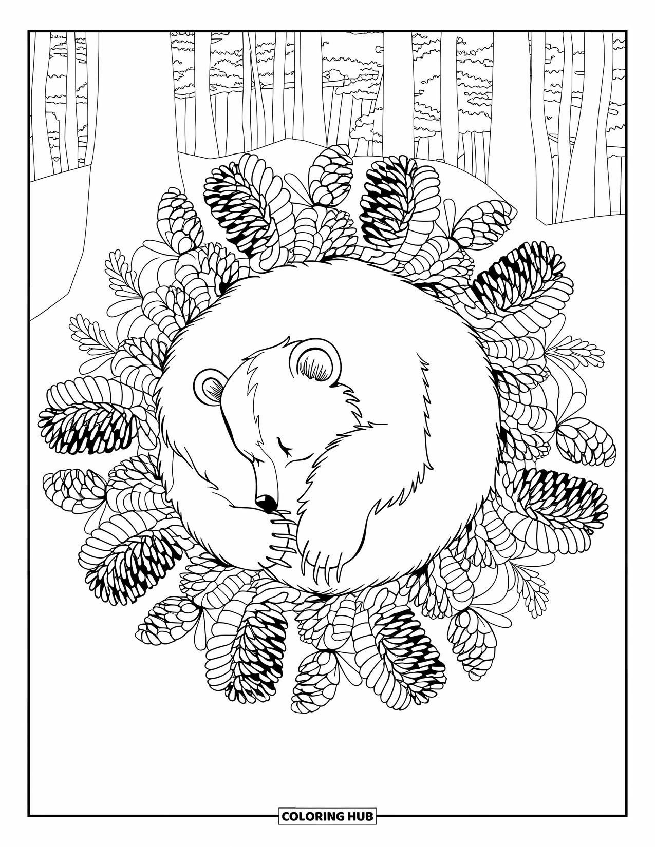 Hibernating Animals Coloring Page for Adults: A bear curls up to hibernate within a pinecone-and-fern mandala in the forest