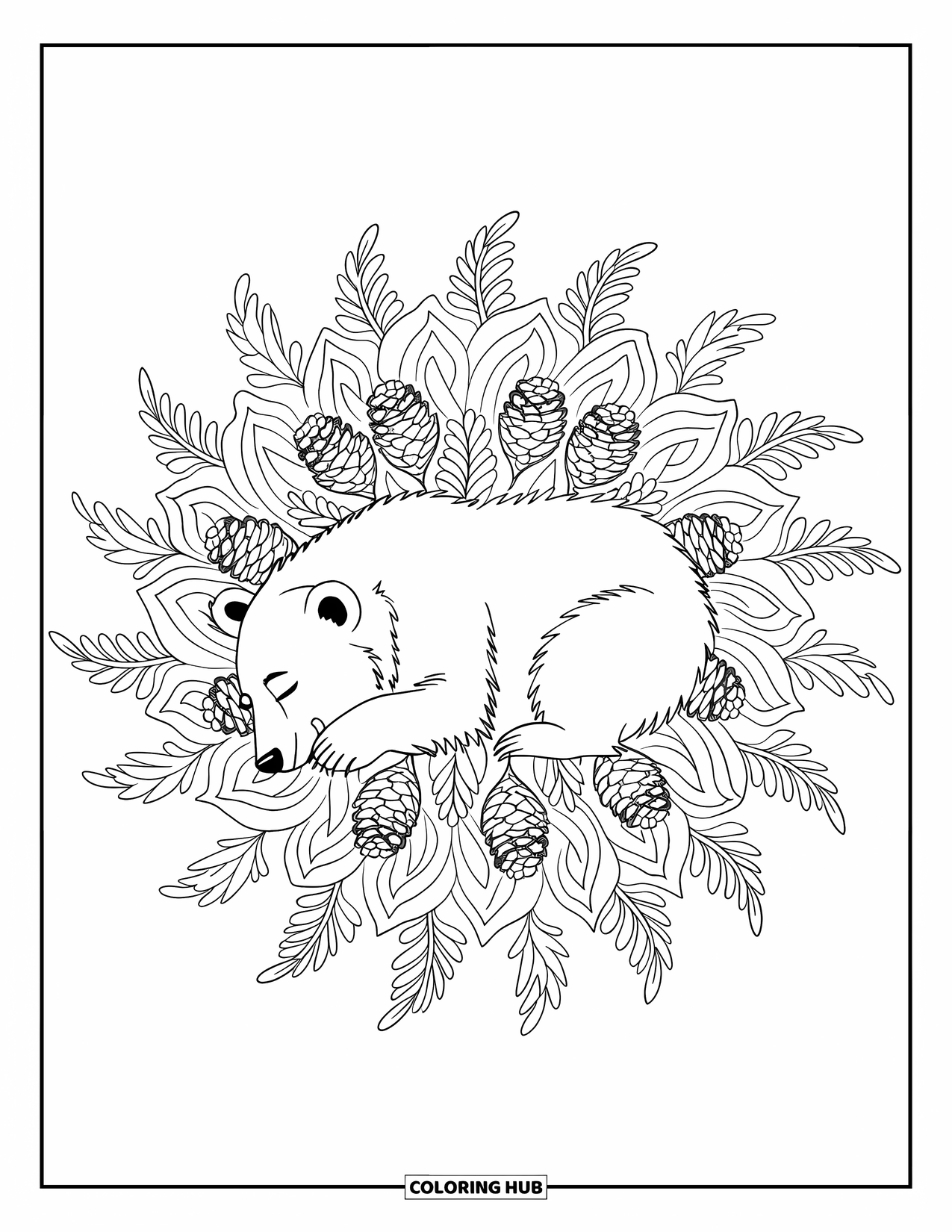 Hibernating Animals Coloring Page for Adults: A bear hibernates inside a mandala of pinecones and dried forest ferns