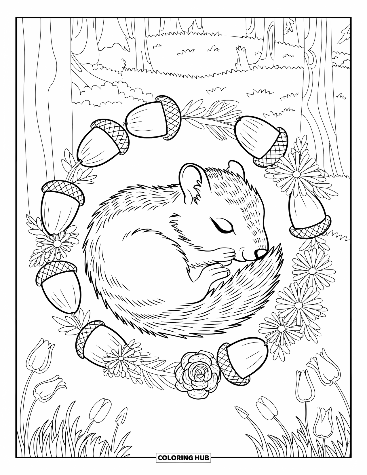 Hibernating Animals Coloring Page for Adults: A chipmunk curls up to hibernate within a detailed ring of flowers and acorns