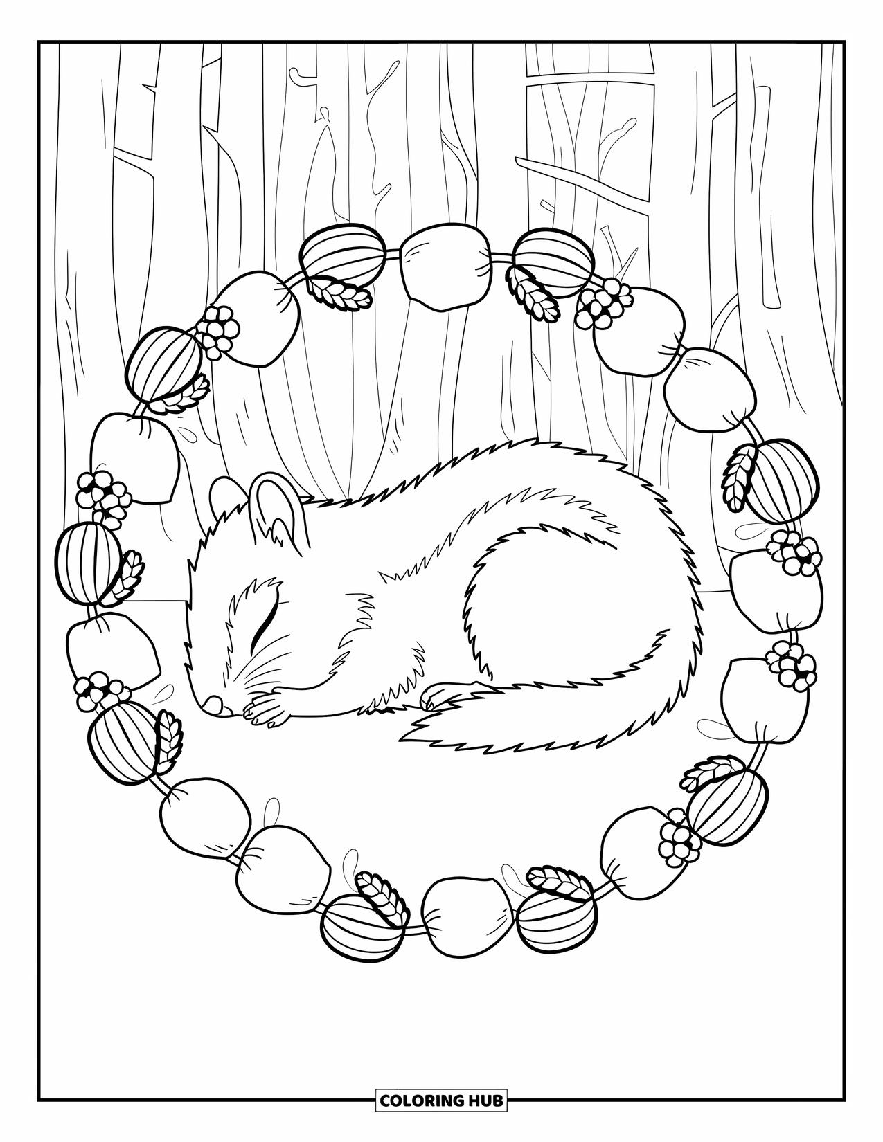 Hibernating Animals Coloring Page for Adults: A chipmunk hibernates inside a floral ring of acorns and blossoms in a quiet forest
