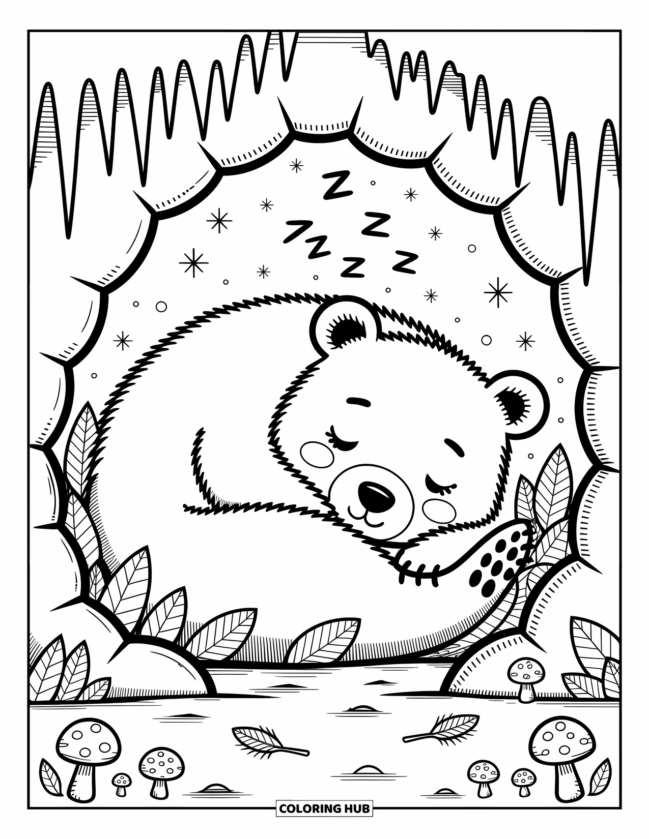 Hibernating Animals Coloring Page for Adults: A cozy bear hibernates in a cave with snowdrifts, icicles, and tiny mushrooms around